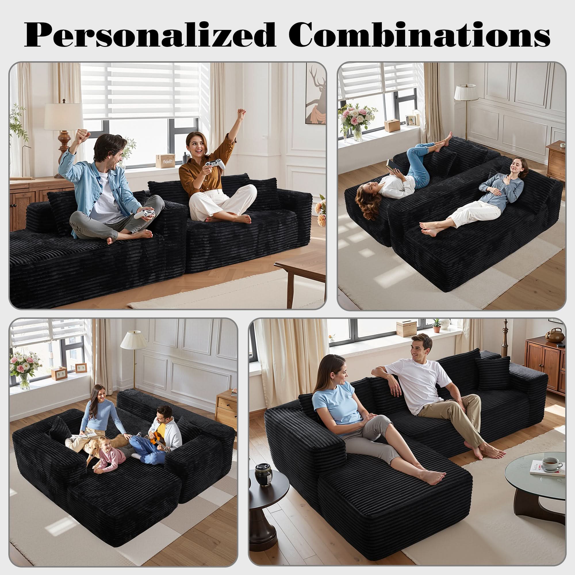 No Assembly Required  104" L-Shape Modular Couch with Chaise, Plush Corduroy Fabric, 