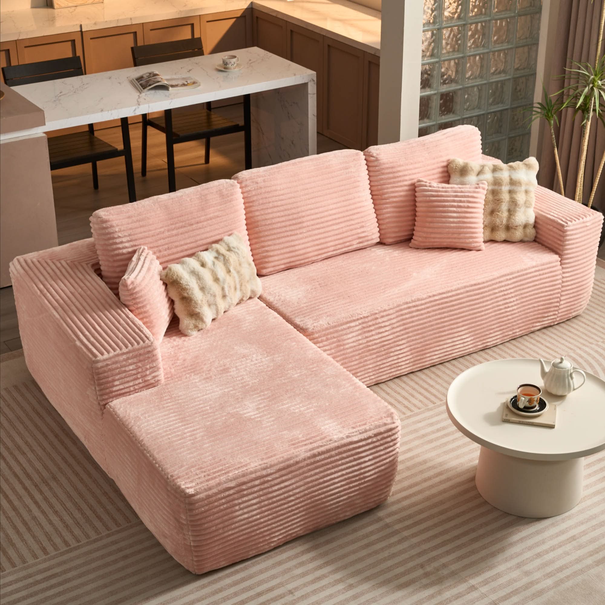 No Assembly Required  104" L-Shape Modular Couch with Chaise, Plush Corduroy Fabric, 