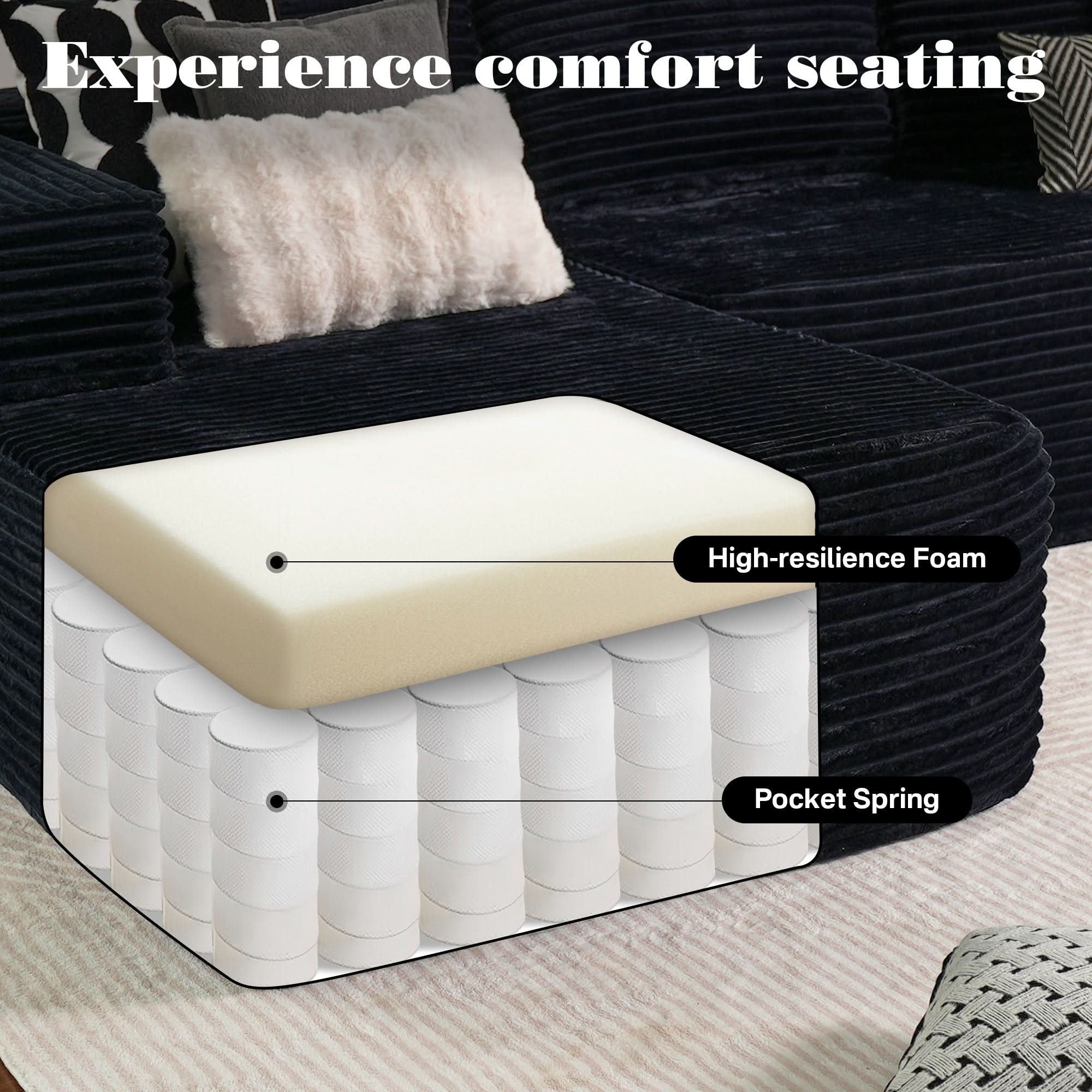 No Assembly Required  104" L-Shape Modular Couch with Chaise, Plush Corduroy Fabric, 