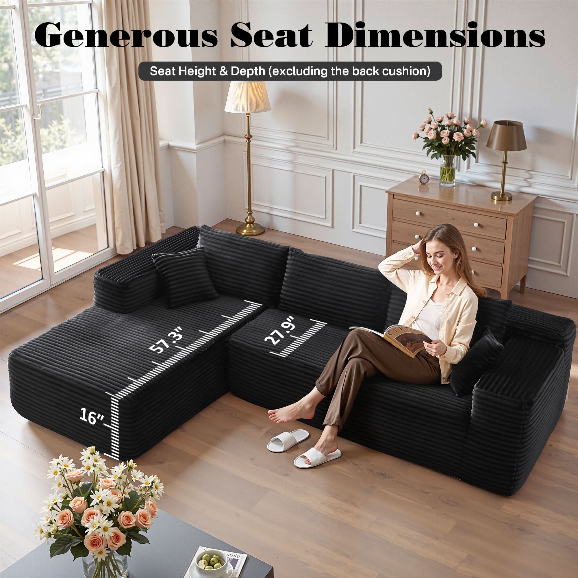 No Assembly Required  104" L-Shape Modular Couch with Chaise, Plush Corduroy Fabric, 