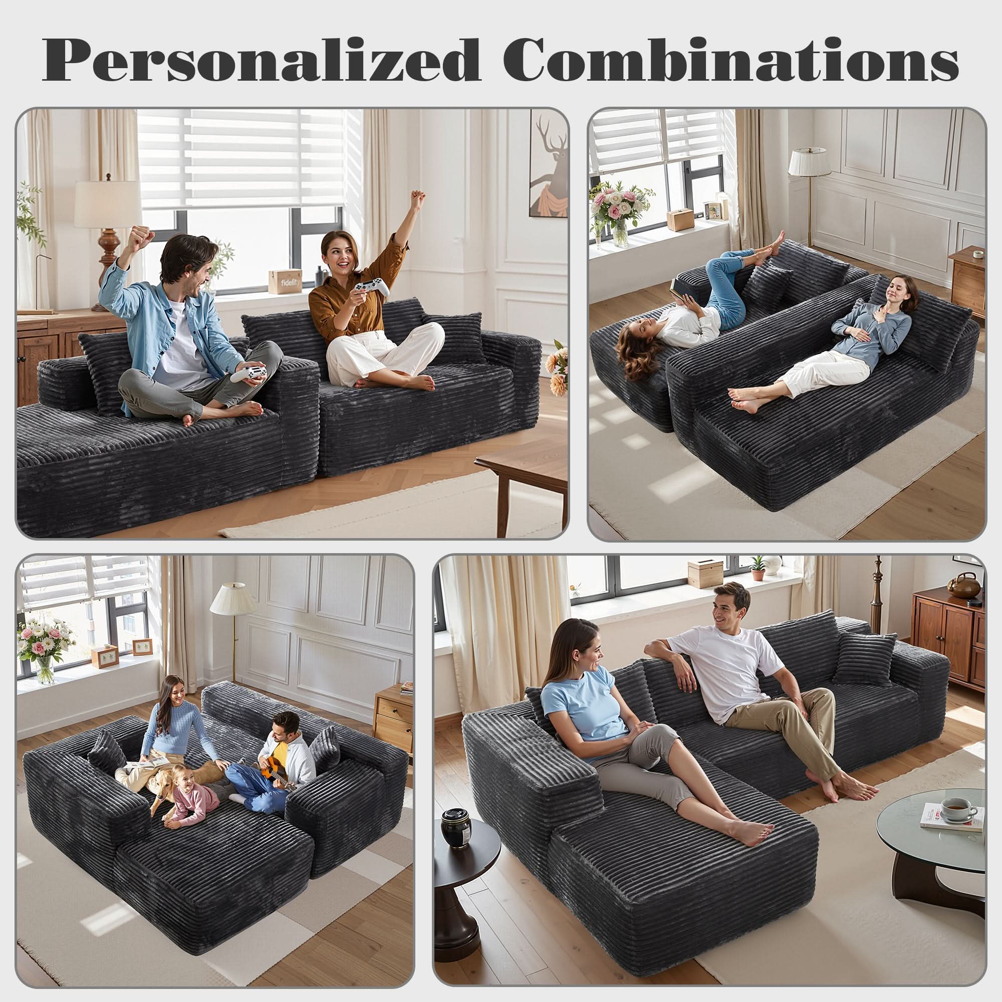 No Assembly Required  104" L-Shape Modular Couch with Chaise, Plush Corduroy Fabric, 