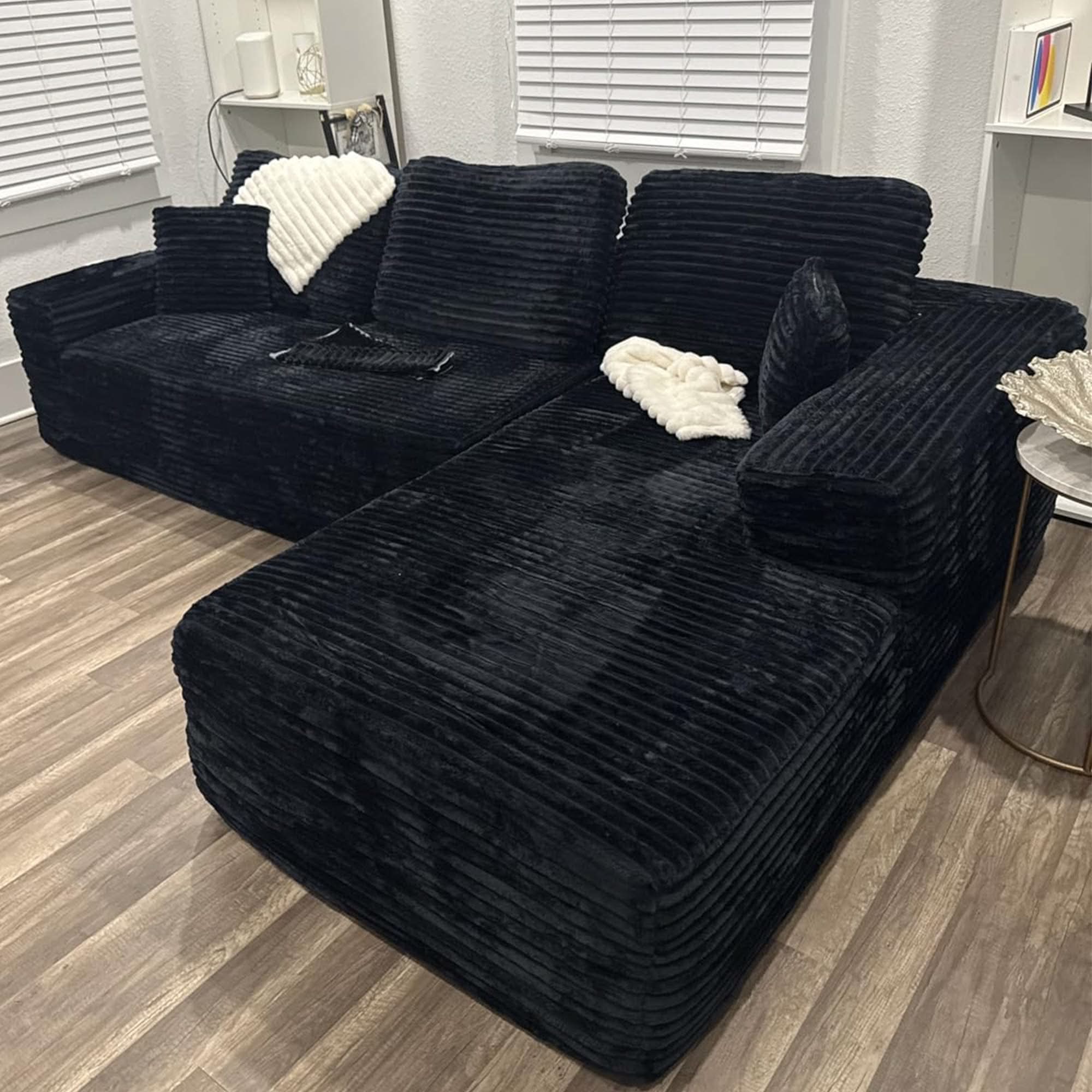 No Assembly Required  104" L-Shape Modular Couch with Chaise, Plush Corduroy Fabric, 