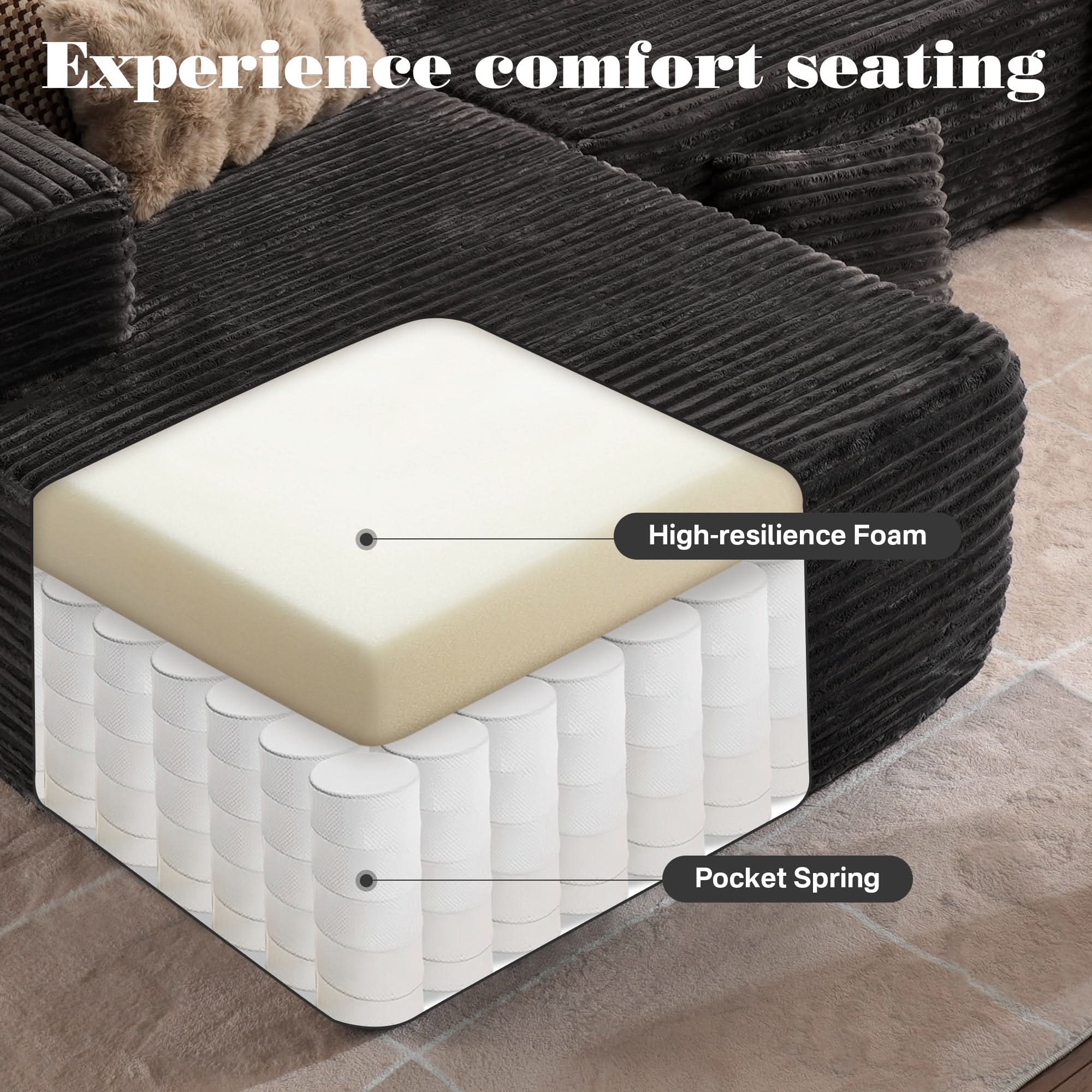 No Assembly Required  104" L-Shape Modular Couch with Chaise, Plush Corduroy Fabric, 