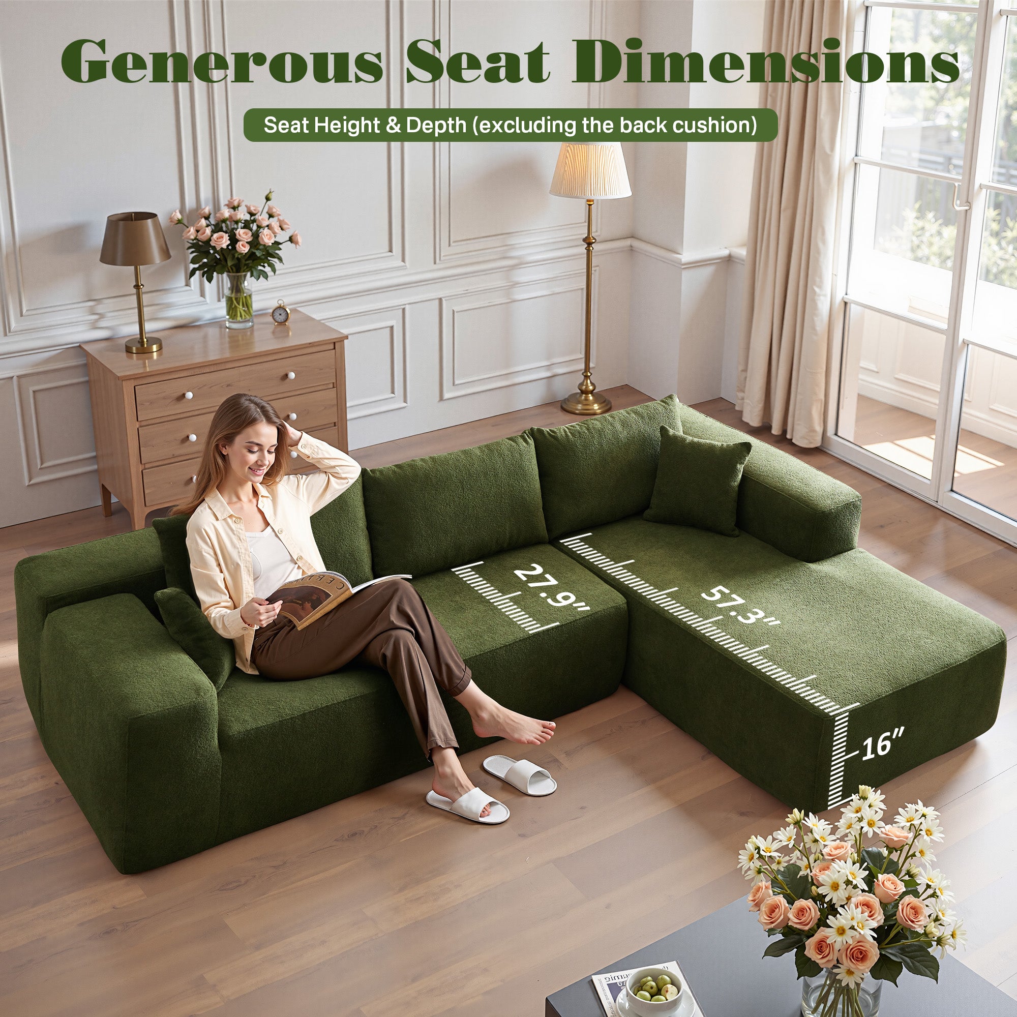 No Assembly Required  104" L-Shape Modular Couch with Chaise, Plush Corduroy Fabric, 