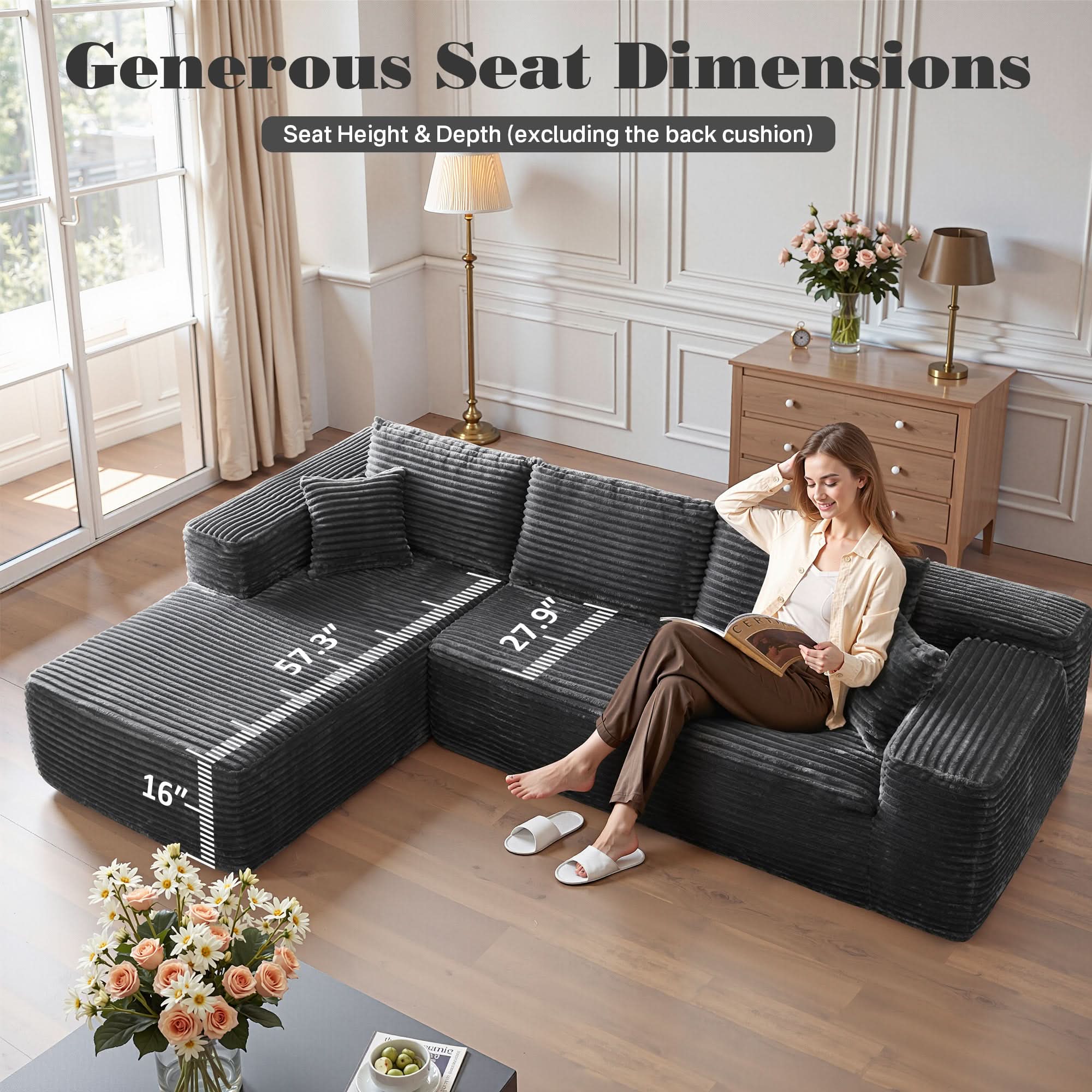 No Assembly Required  104" L-Shape Modular Couch with Chaise, Plush Corduroy Fabric, 