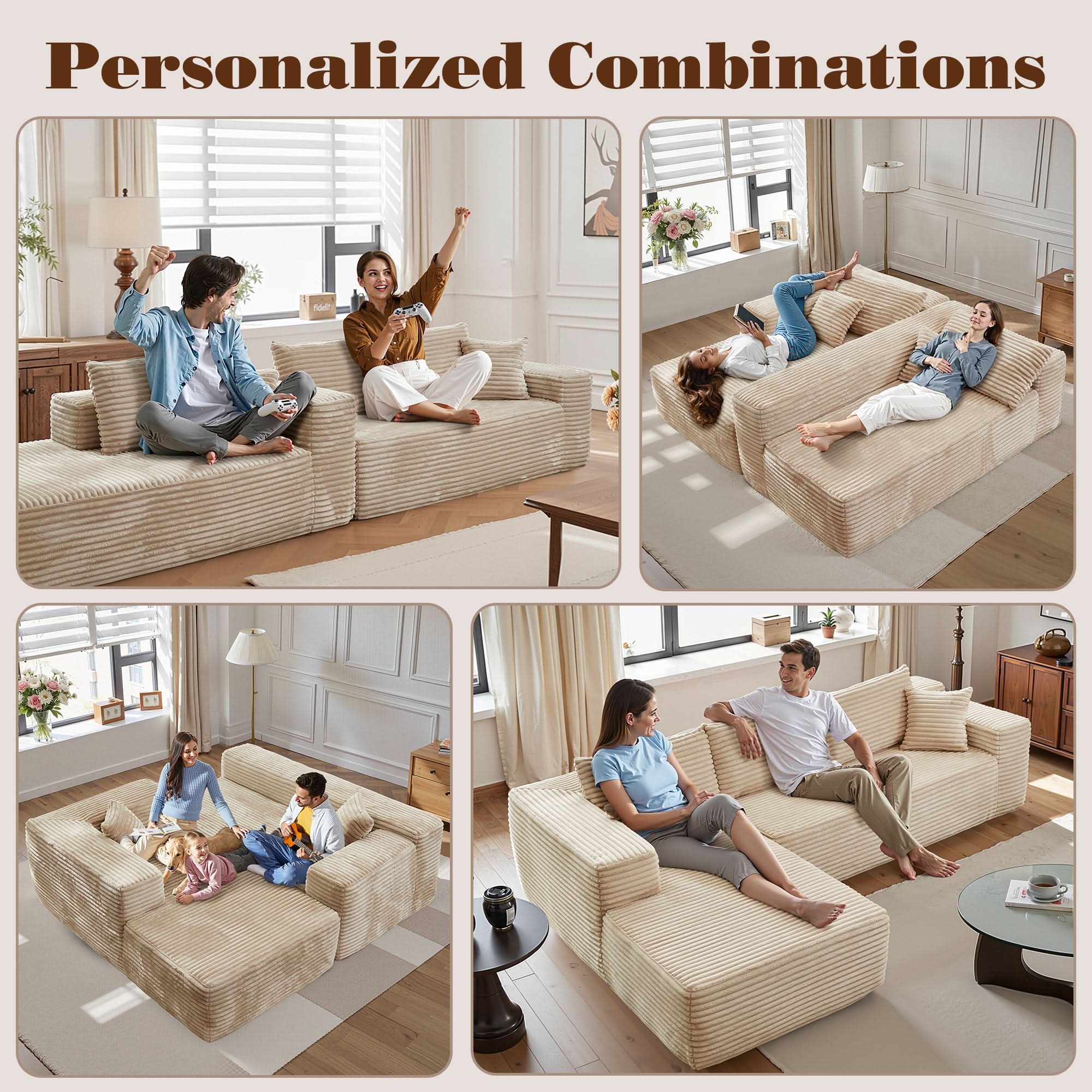 No Assembly Required  104" L-Shape Modular Couch with Chaise, Plush Corduroy Fabric, 
