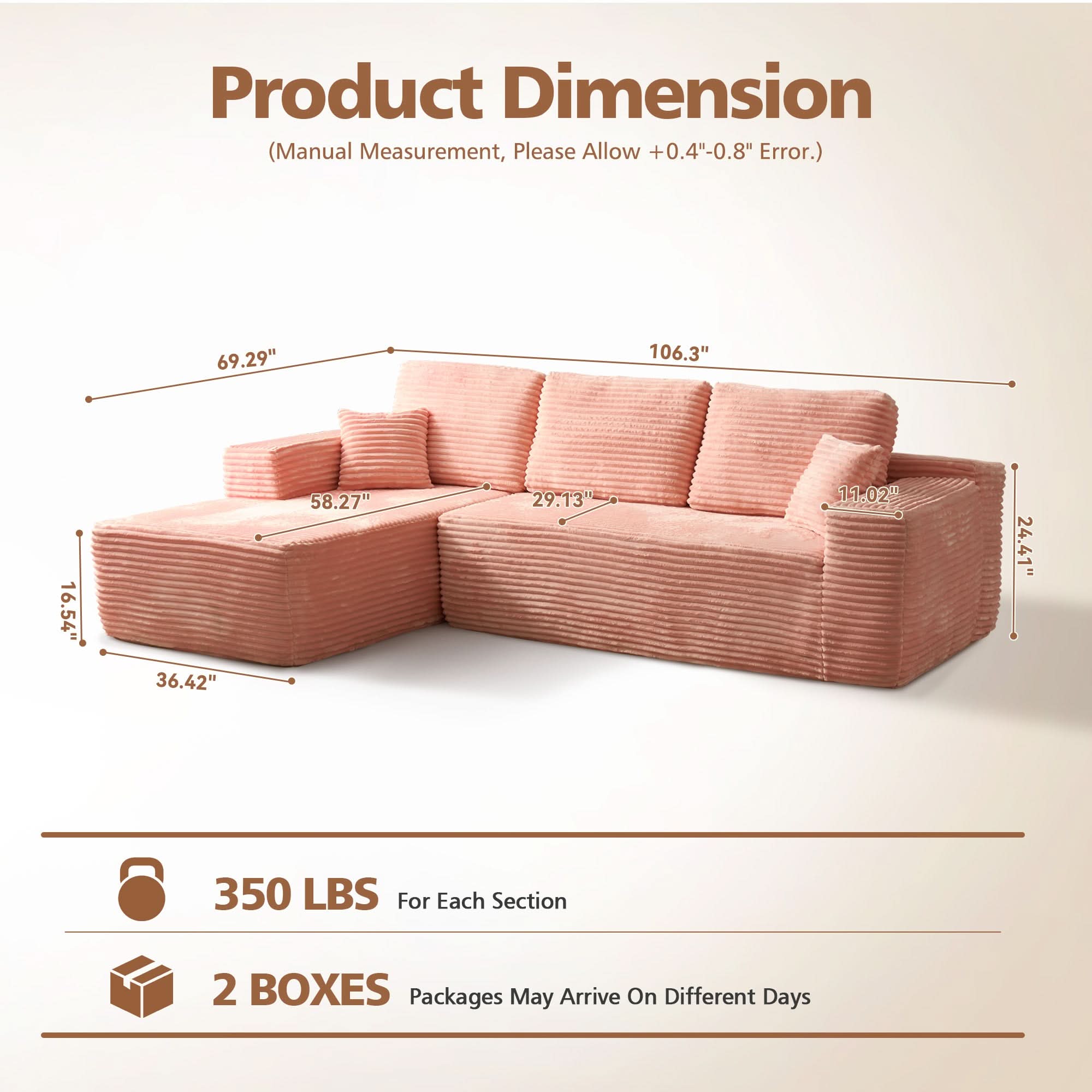 No Assembly Required  104" L-Shape Modular Couch with Chaise, Plush Corduroy Fabric, 