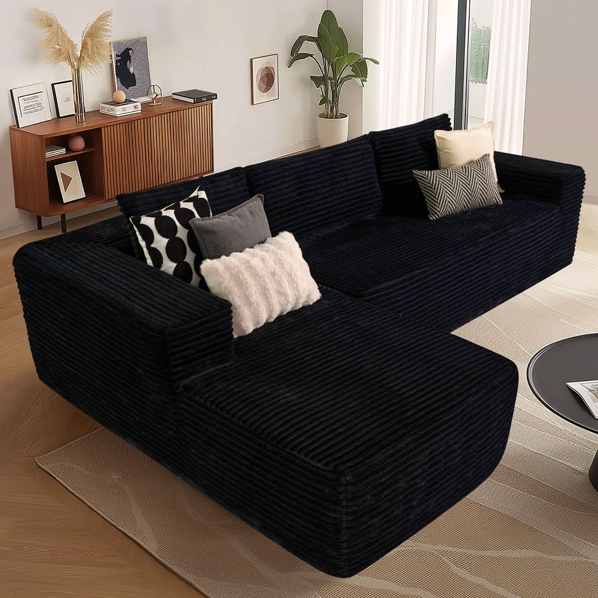 No Assembly Required  104" L-Shape Modular Couch with Chaise, Plush Corduroy Fabric, 