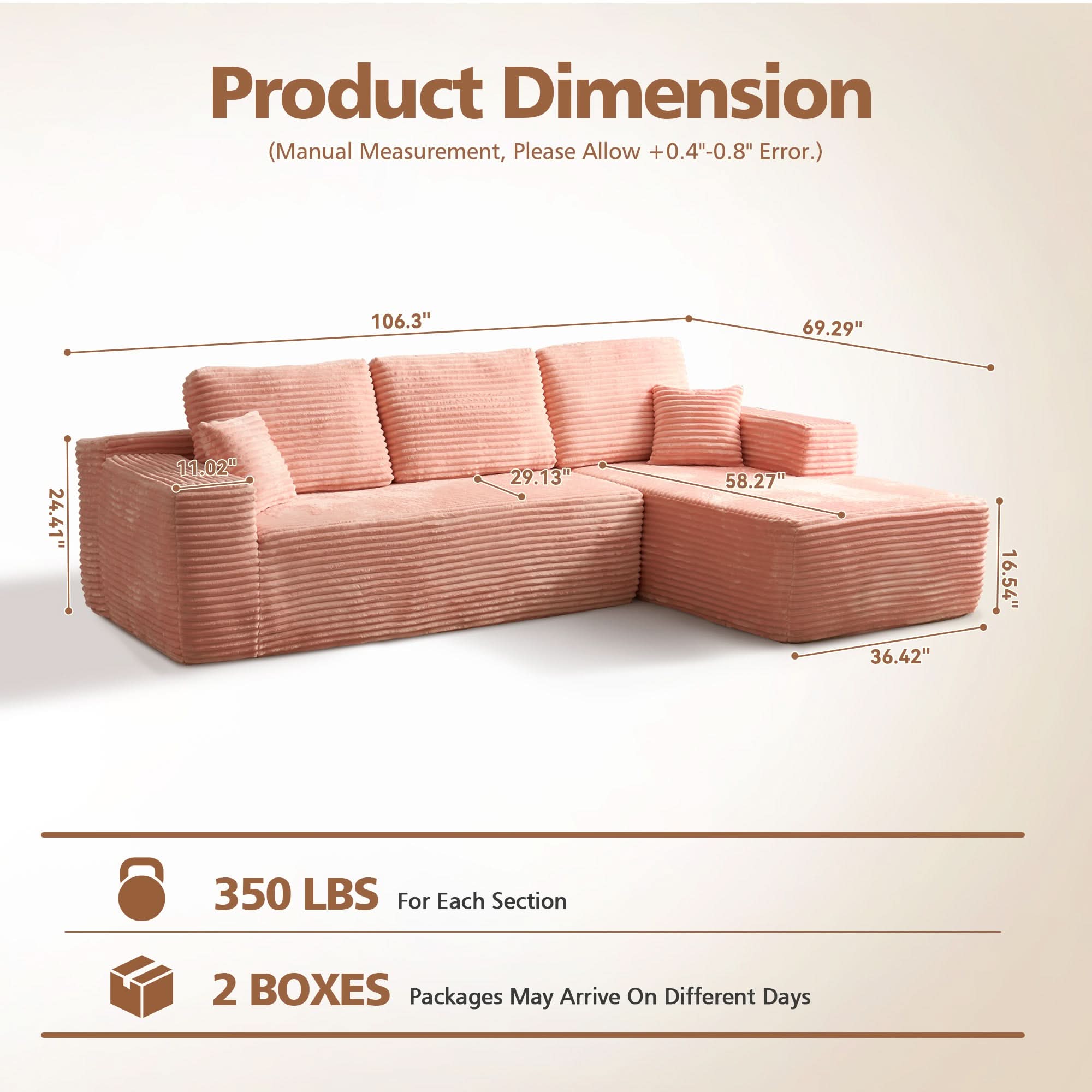 No Assembly Required  104" L-Shape Modular Couch with Chaise, Plush Corduroy Fabric, 