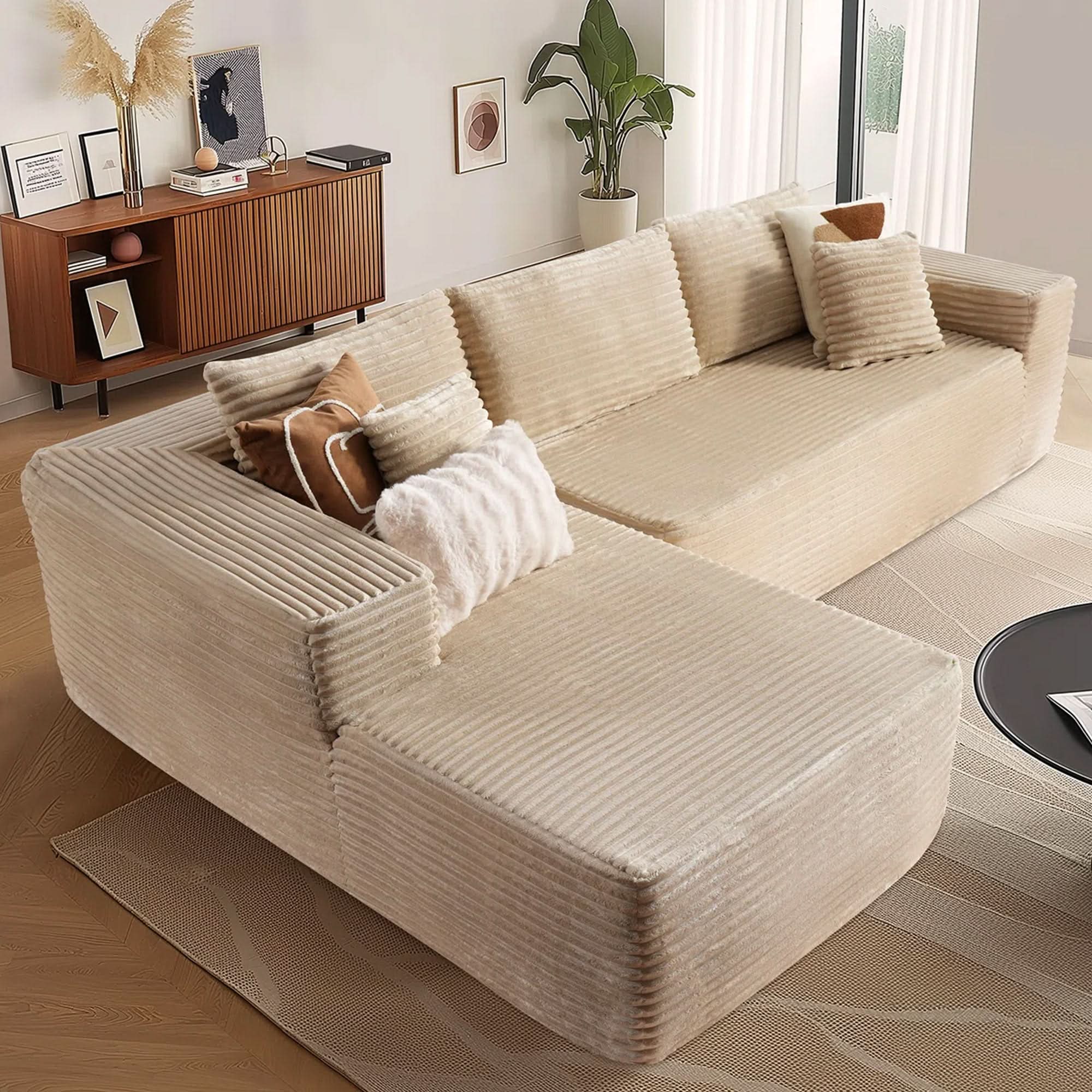 No Assembly Required  104" L-Shape Modular Couch with Chaise, Plush Corduroy Fabric, 