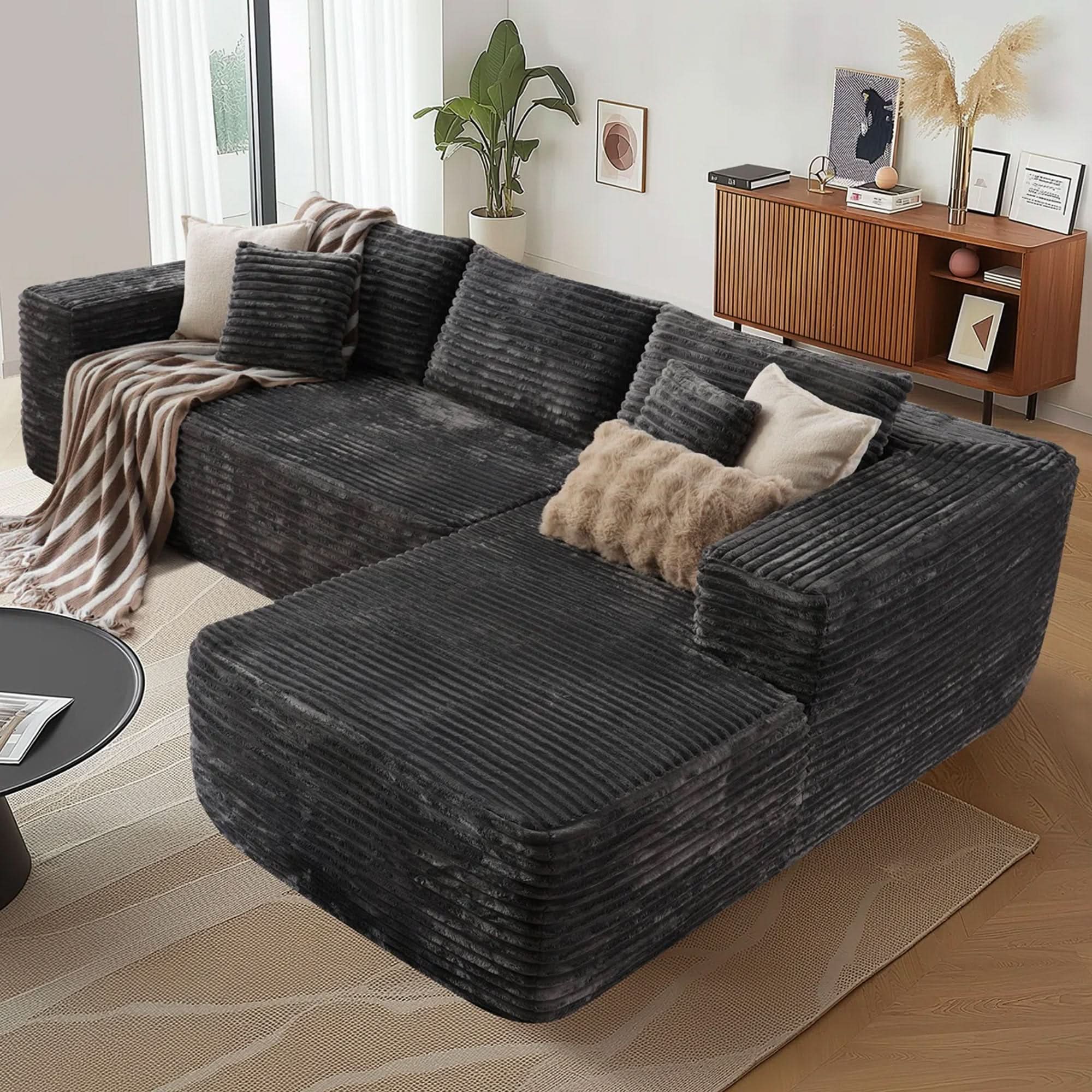 No Assembly Required  104" L-Shape Modular Couch with Chaise, Plush Corduroy Fabric, 