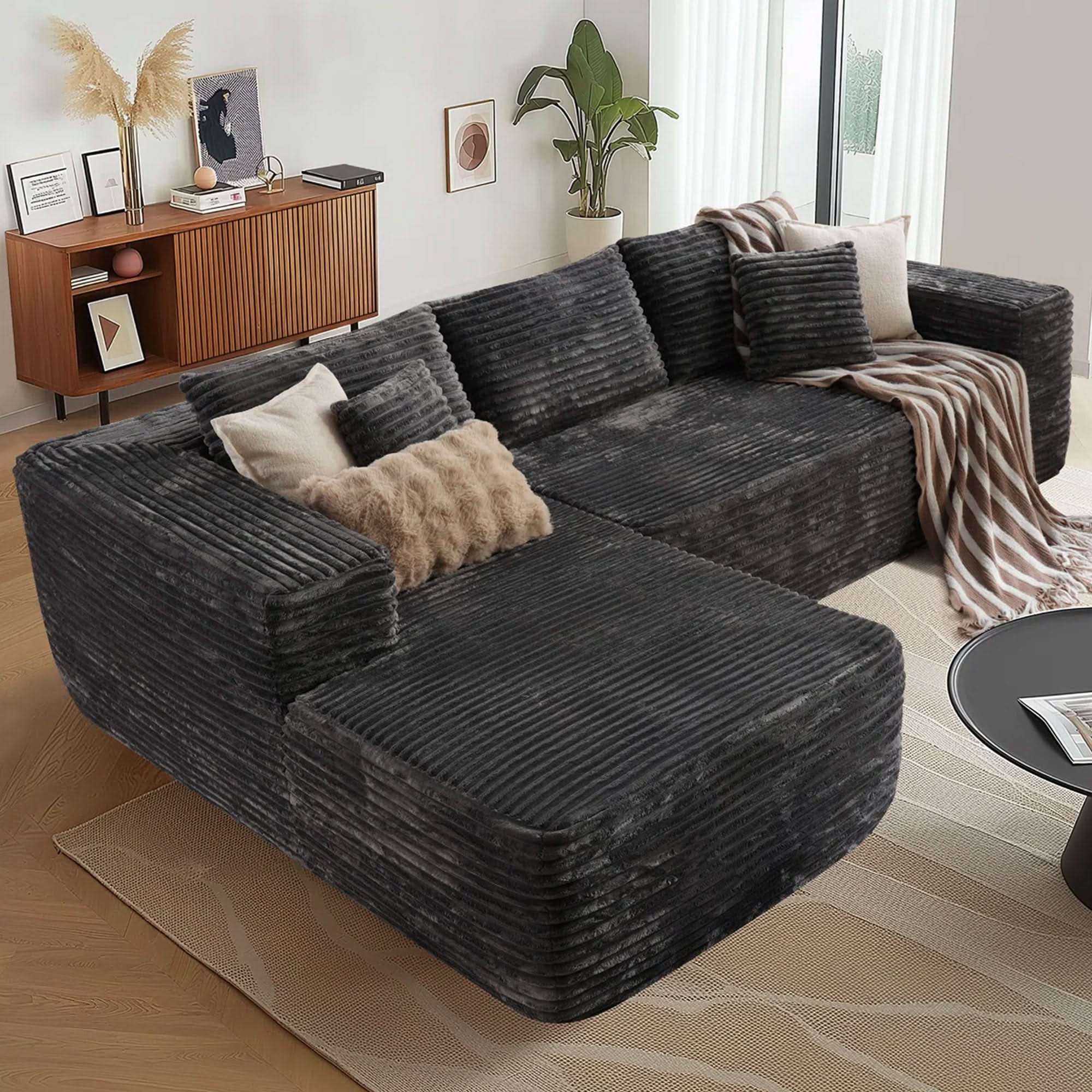 No Assembly Required  104" L-Shape Modular Couch with Chaise, Plush Corduroy Fabric, 