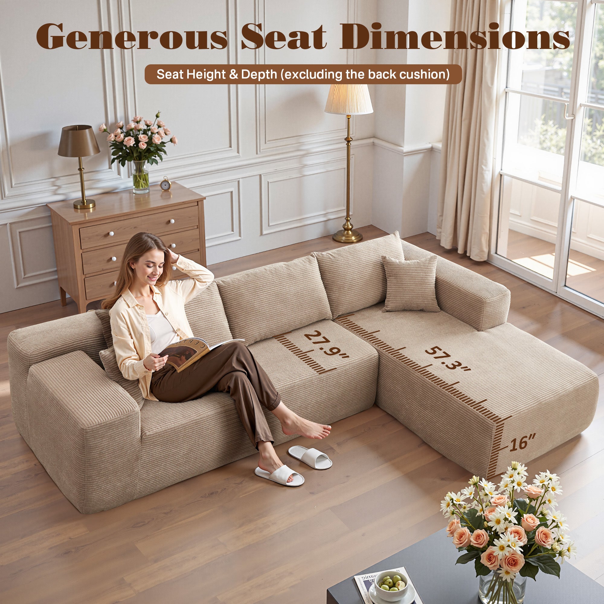 No Assembly Required  104" L-Shape Modular Couch with Chaise, Plush Corduroy Fabric, 