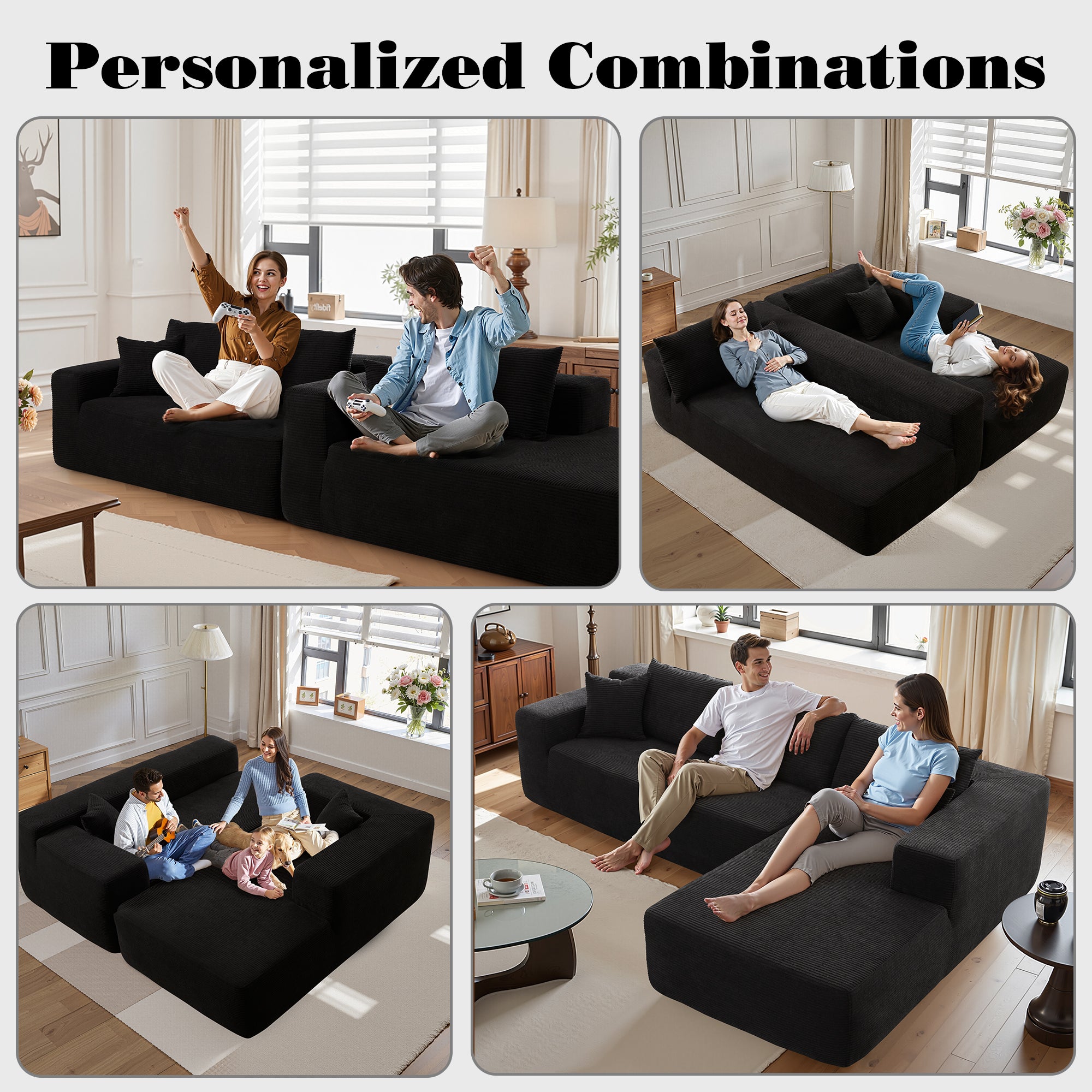 No Assembly Required  104" L-Shape Modular Couch with Chaise, Plush Corduroy Fabric, 