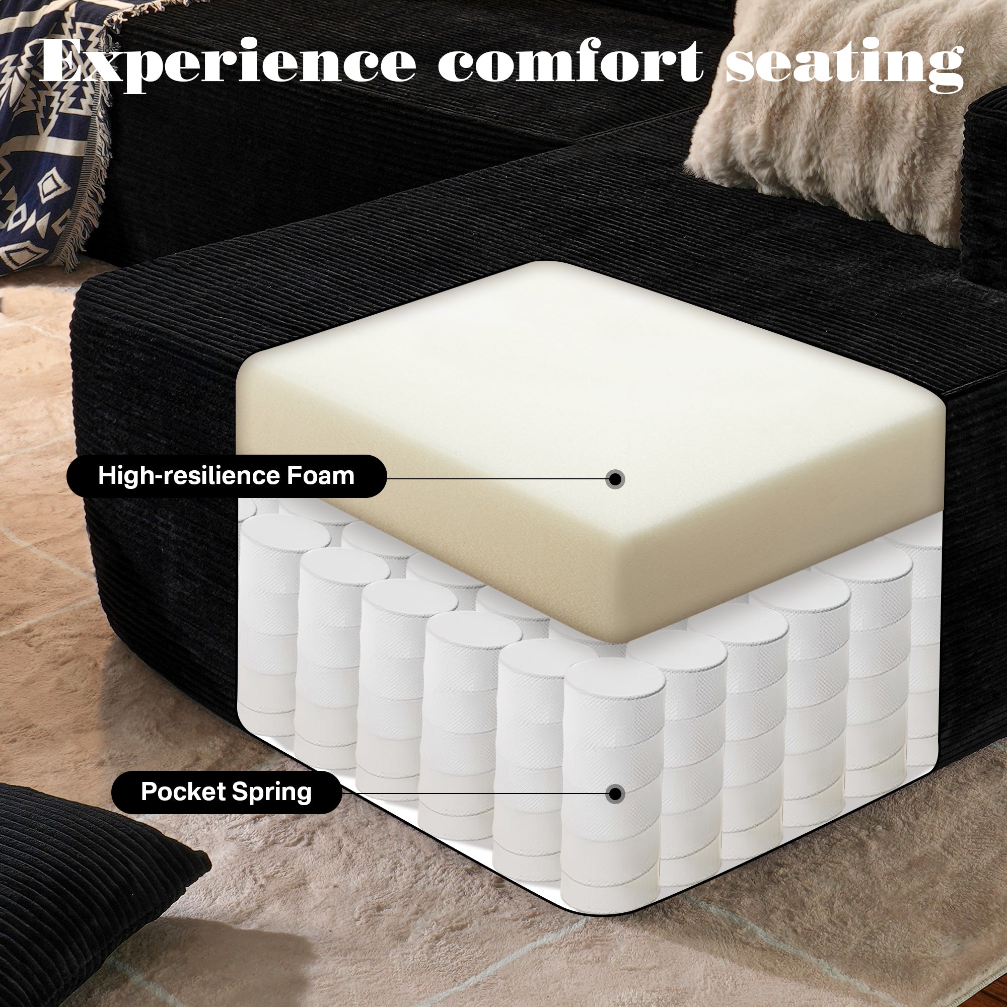 No Assembly Required  104" L-Shape Modular Couch with Chaise, Plush Corduroy Fabric, 
