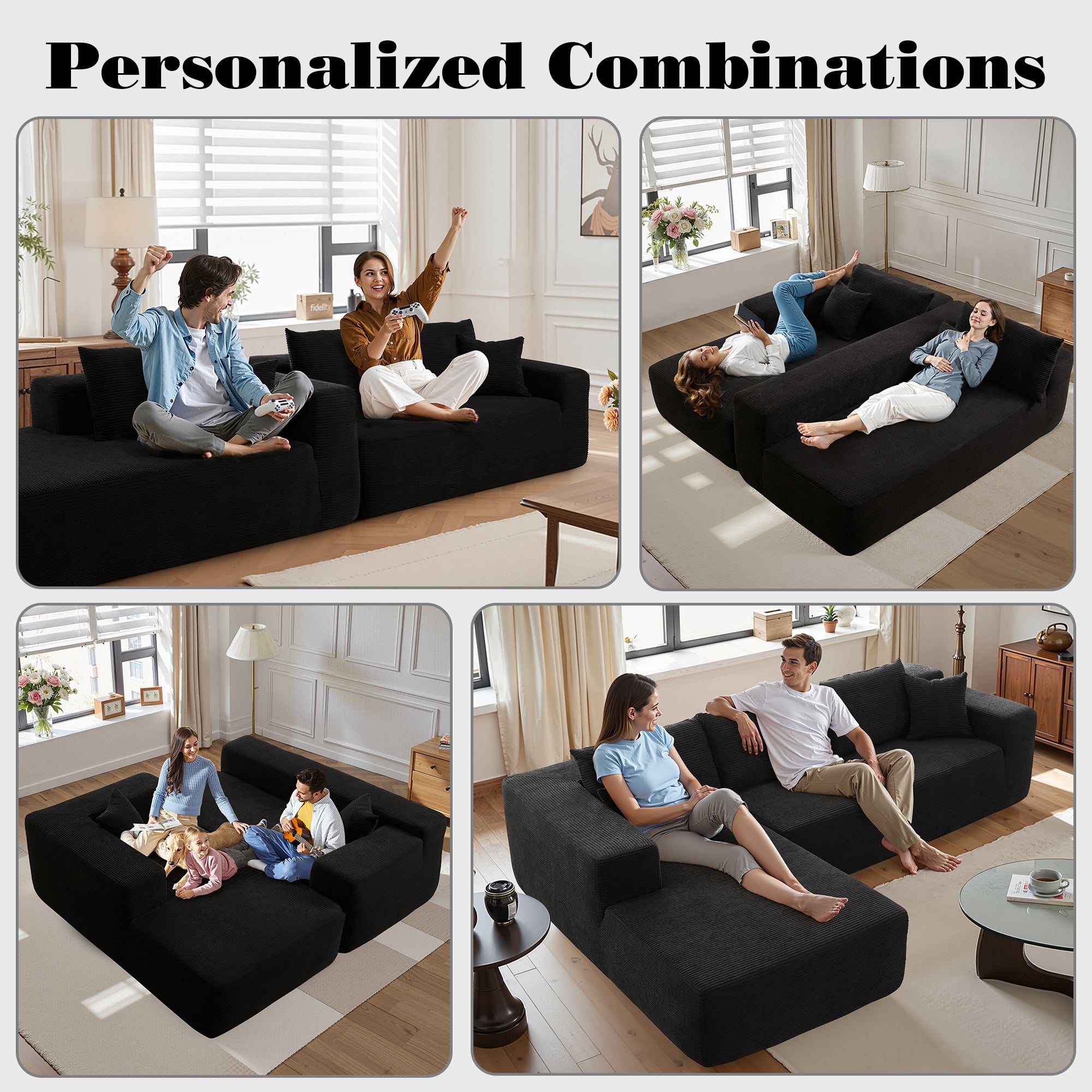 No Assembly Required  104" L-Shape Modular Couch with Chaise, Plush Corduroy Fabric, 