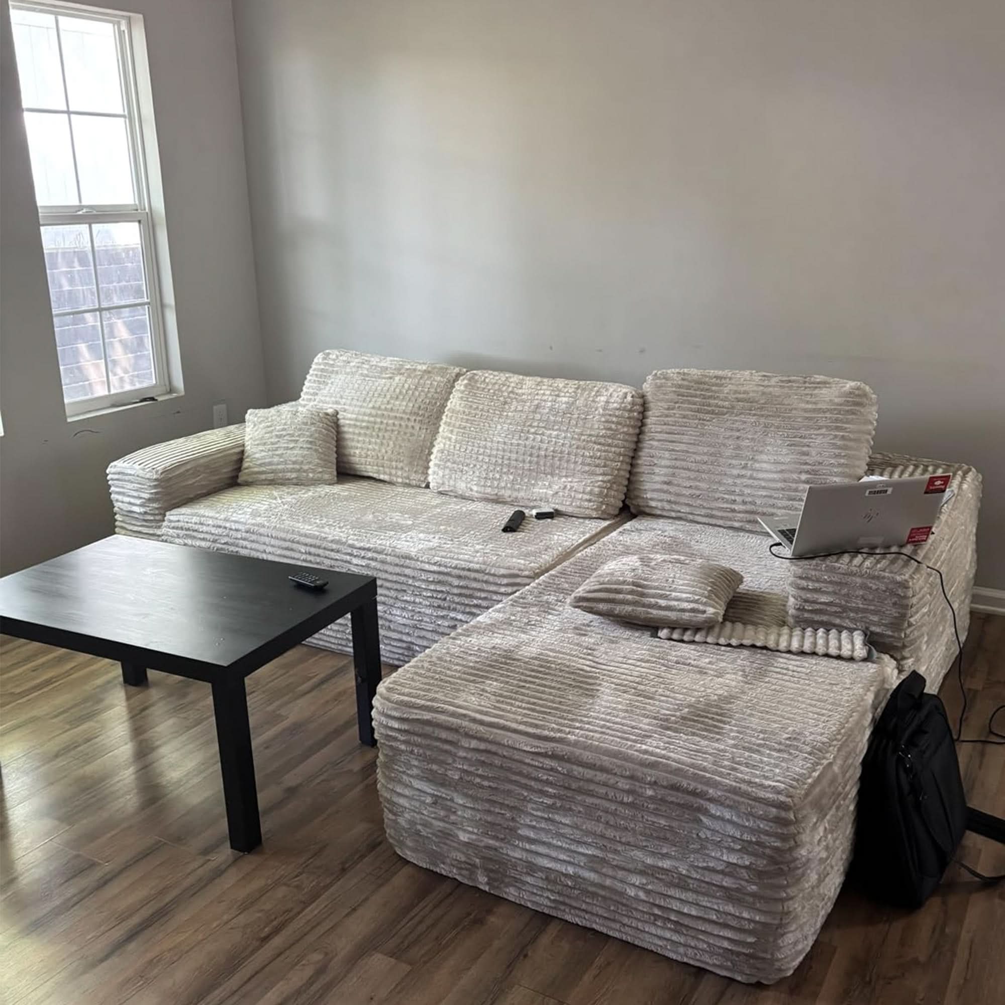 No Assembly Required  104" L-Shape Modular Couch with Chaise, Plush Corduroy Fabric, 