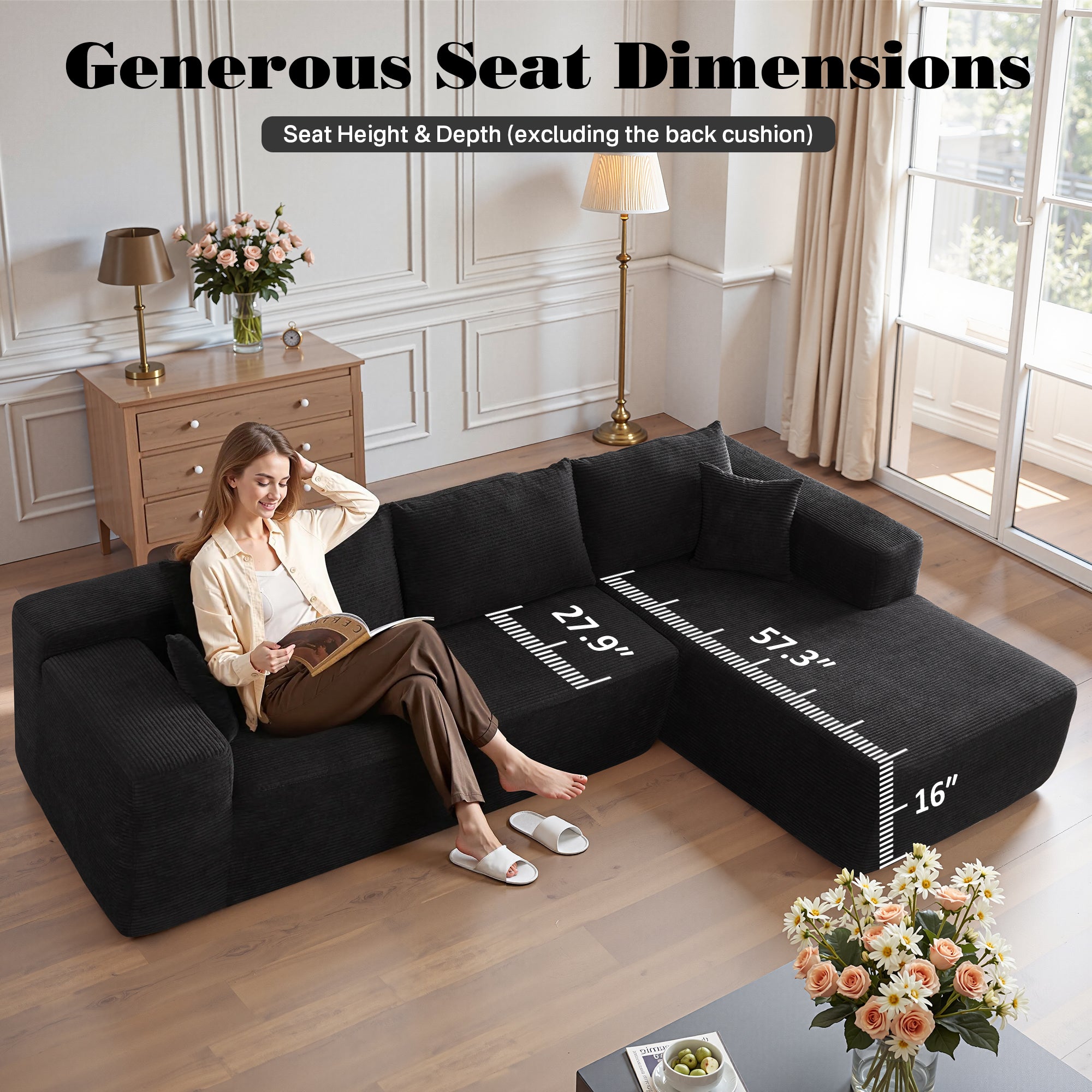 No Assembly Required  104" L-Shape Modular Couch with Chaise, Plush Corduroy Fabric, 