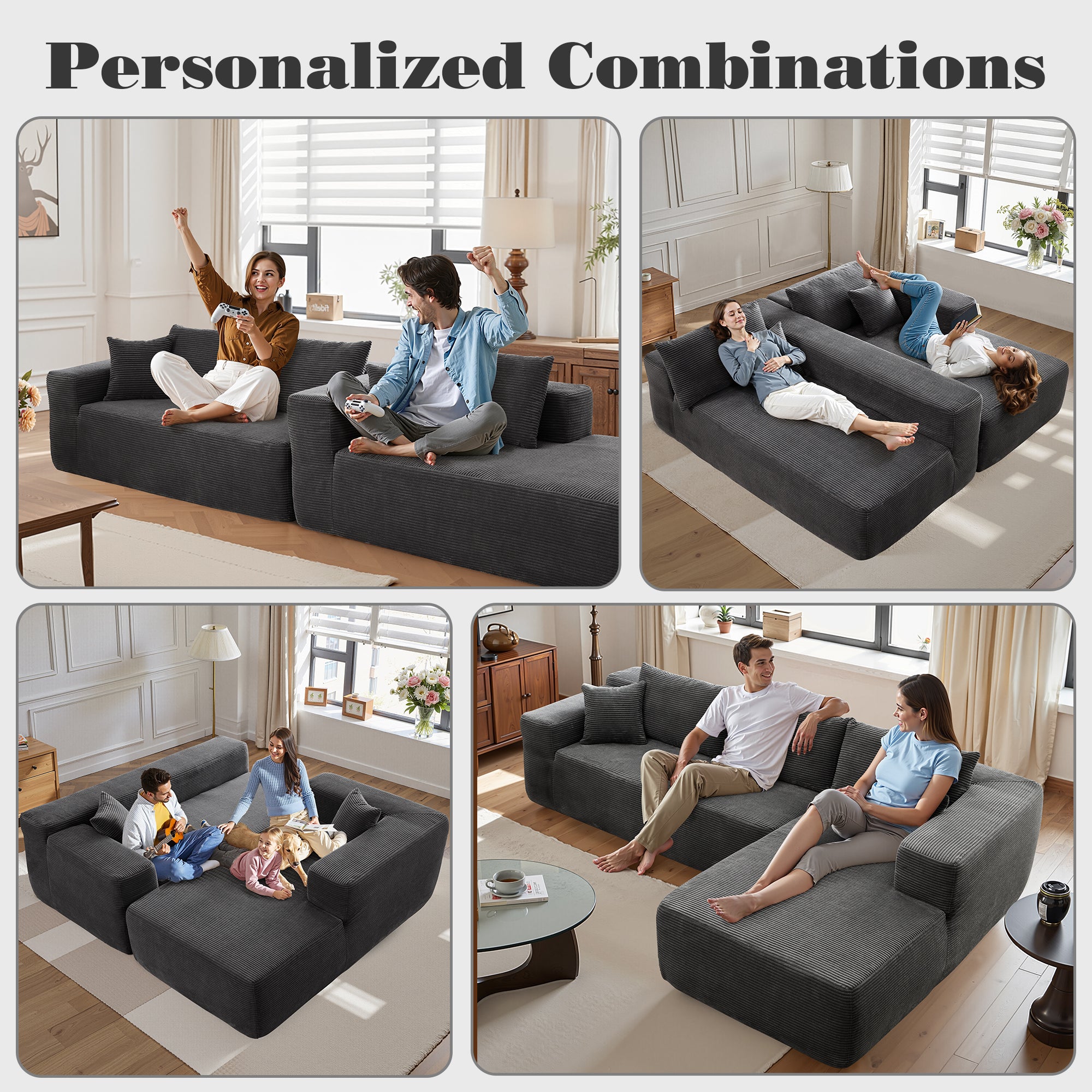 No Assembly Required  104" L-Shape Modular Couch with Chaise, Plush Corduroy Fabric, 