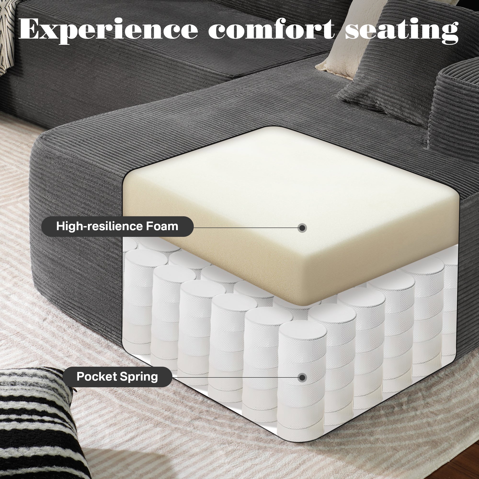 No Assembly Required  104" L-Shape Modular Couch with Chaise, Plush Corduroy Fabric, 