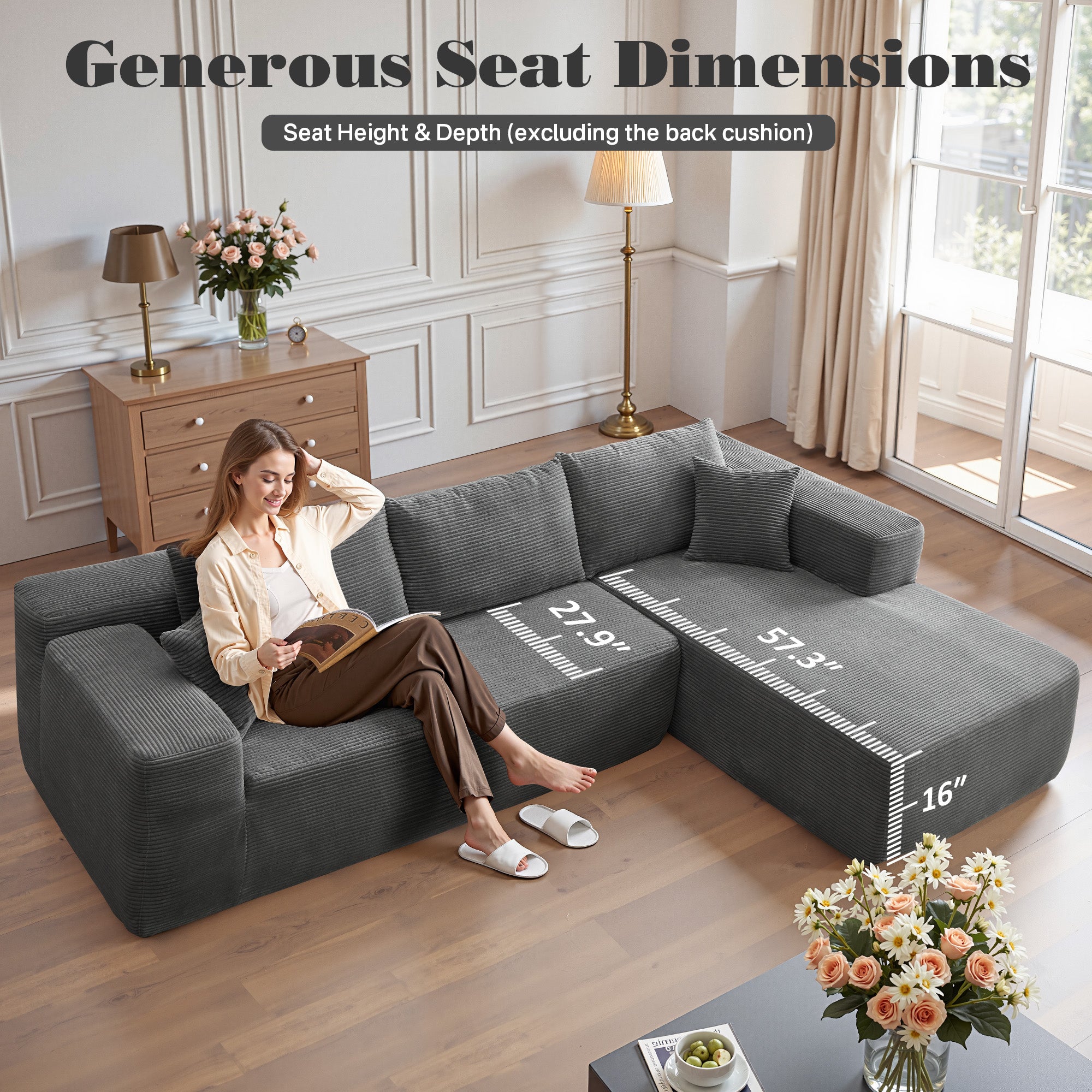 No Assembly Required  104" L-Shape Modular Couch with Chaise, Plush Corduroy Fabric, 