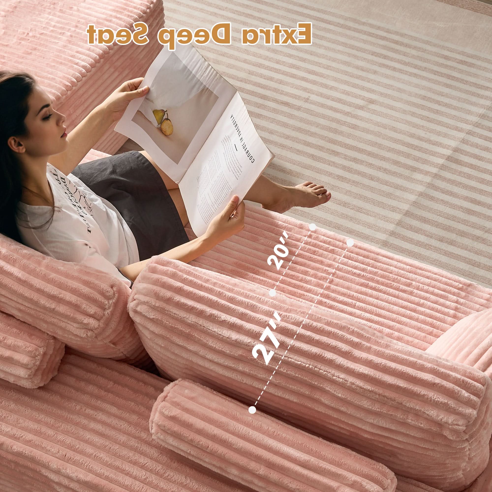 No Assembly Required  104" L-Shape Modular Couch with Chaise, Plush Corduroy Fabric, 