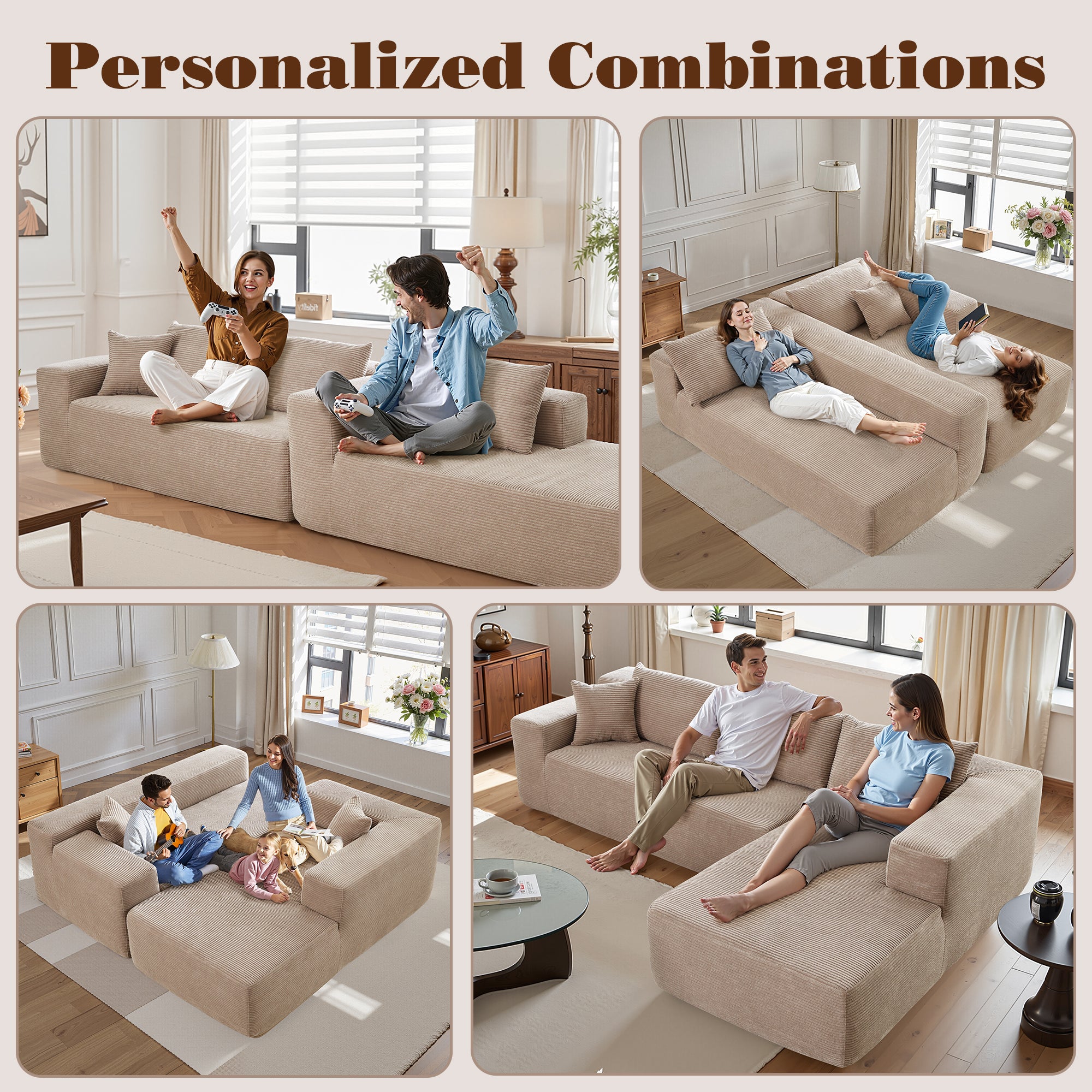 No Assembly Required  104" L-Shape Modular Couch with Chaise, Plush Corduroy Fabric, 