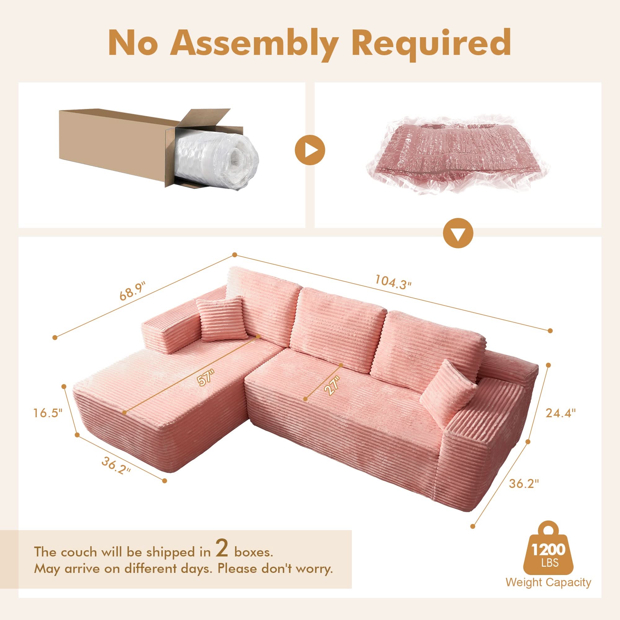 No Assembly Required  104" L-Shape Modular Couch with Chaise, Plush Corduroy Fabric, 
