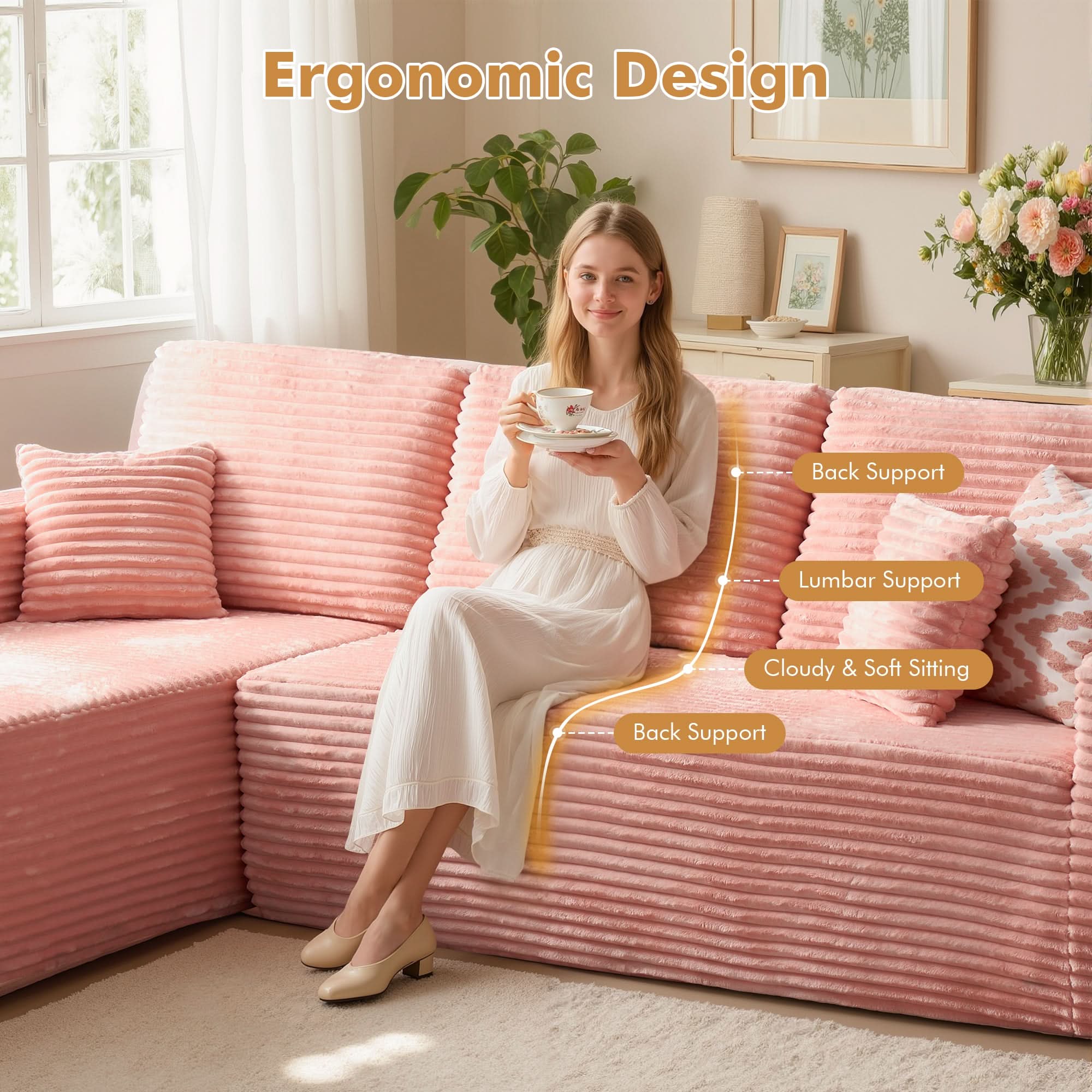 No Assembly Required  104" L-Shape Modular Couch with Chaise, Plush Corduroy Fabric, 