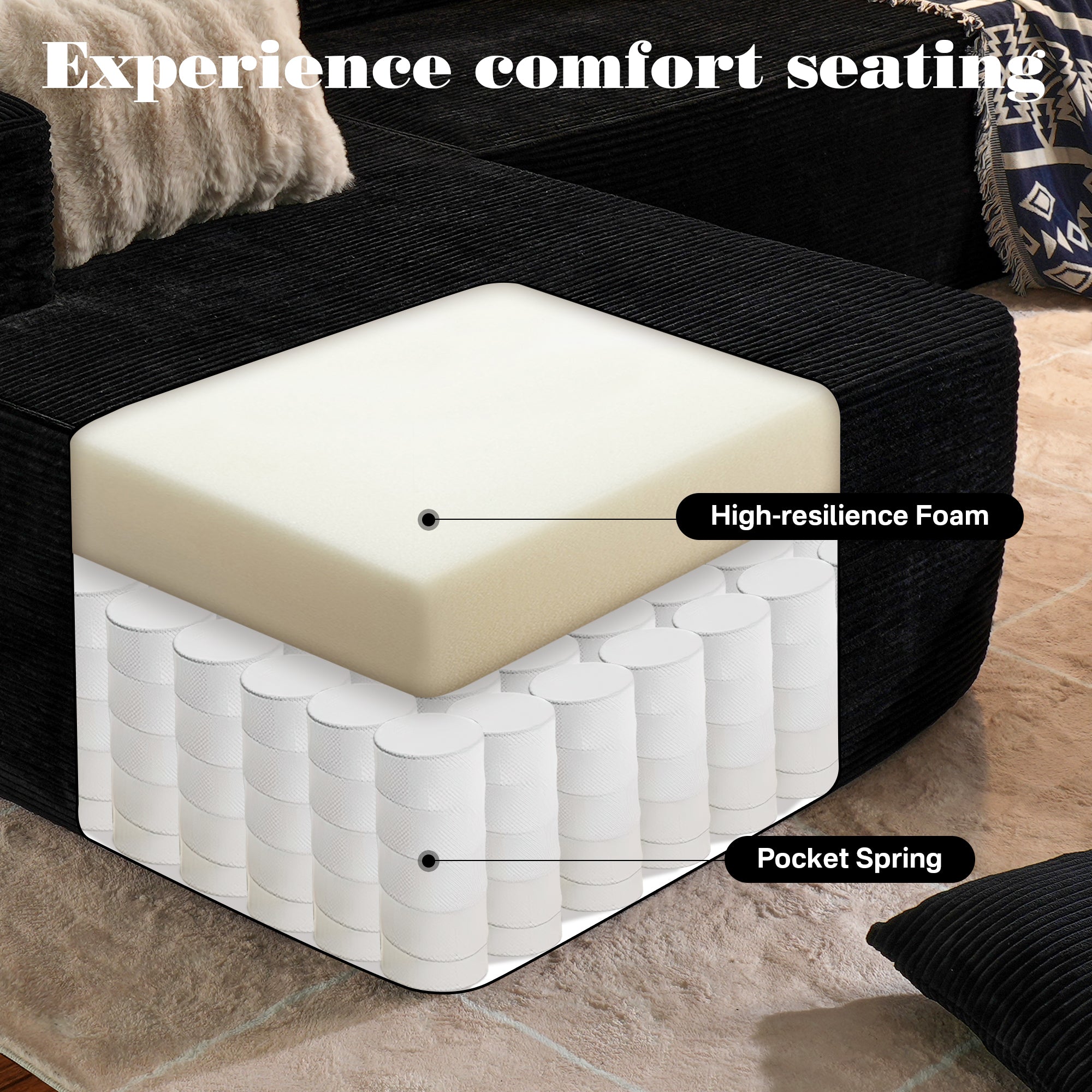 No Assembly Required  104" L-Shape Modular Couch with Chaise, Plush Corduroy Fabric, 