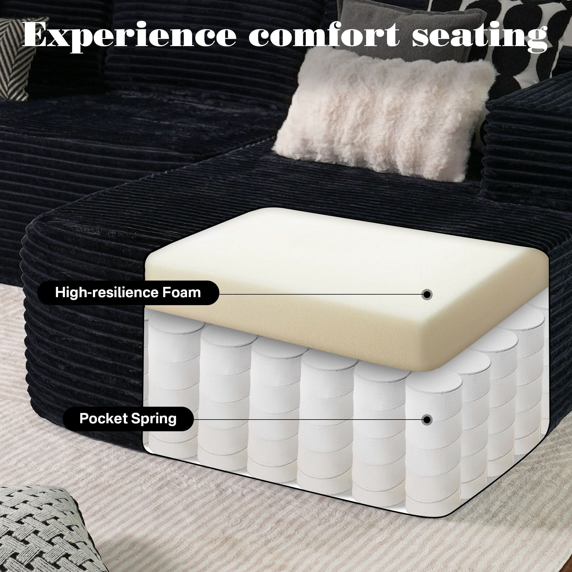 No Assembly Required  104" L-Shape Modular Couch with Chaise, Plush Corduroy Fabric, 