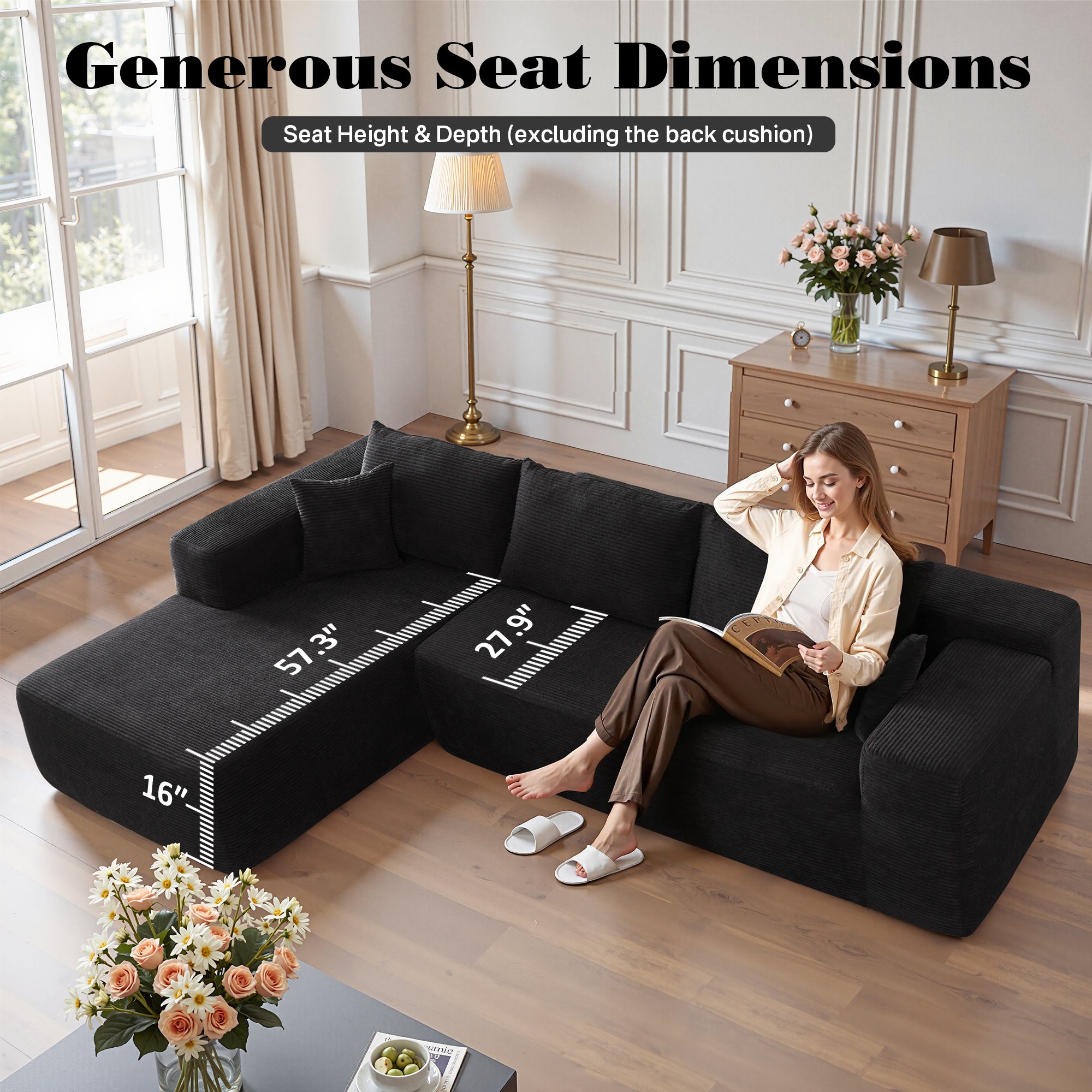 No Assembly Required  104" L-Shape Modular Couch with Chaise, Plush Corduroy Fabric, 