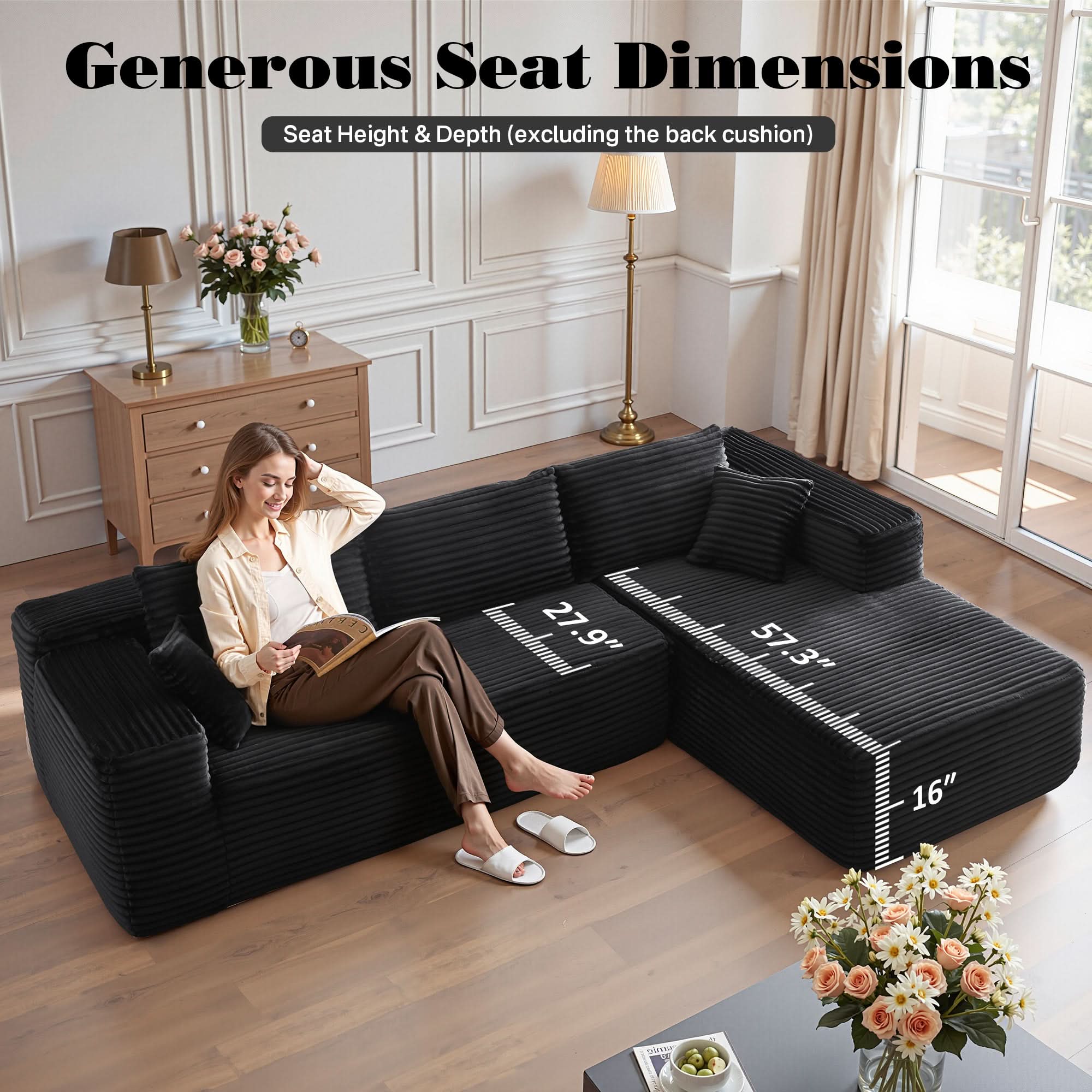 No Assembly Required  104" L-Shape Modular Couch with Chaise, Plush Corduroy Fabric, 