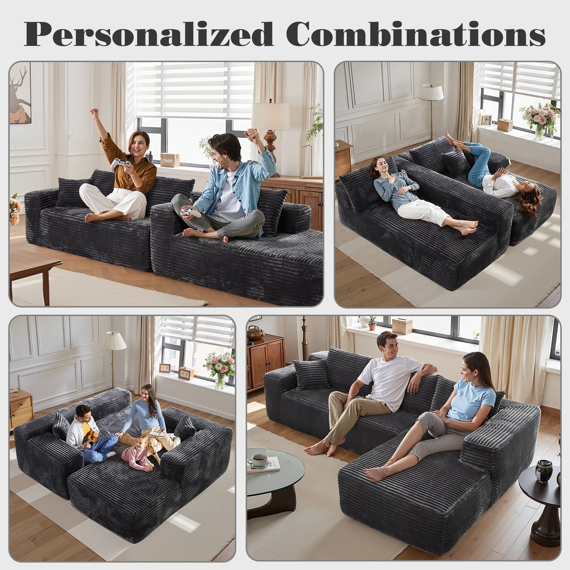 No Assembly Required  104" L-Shape Modular Couch with Chaise, Plush Corduroy Fabric, 