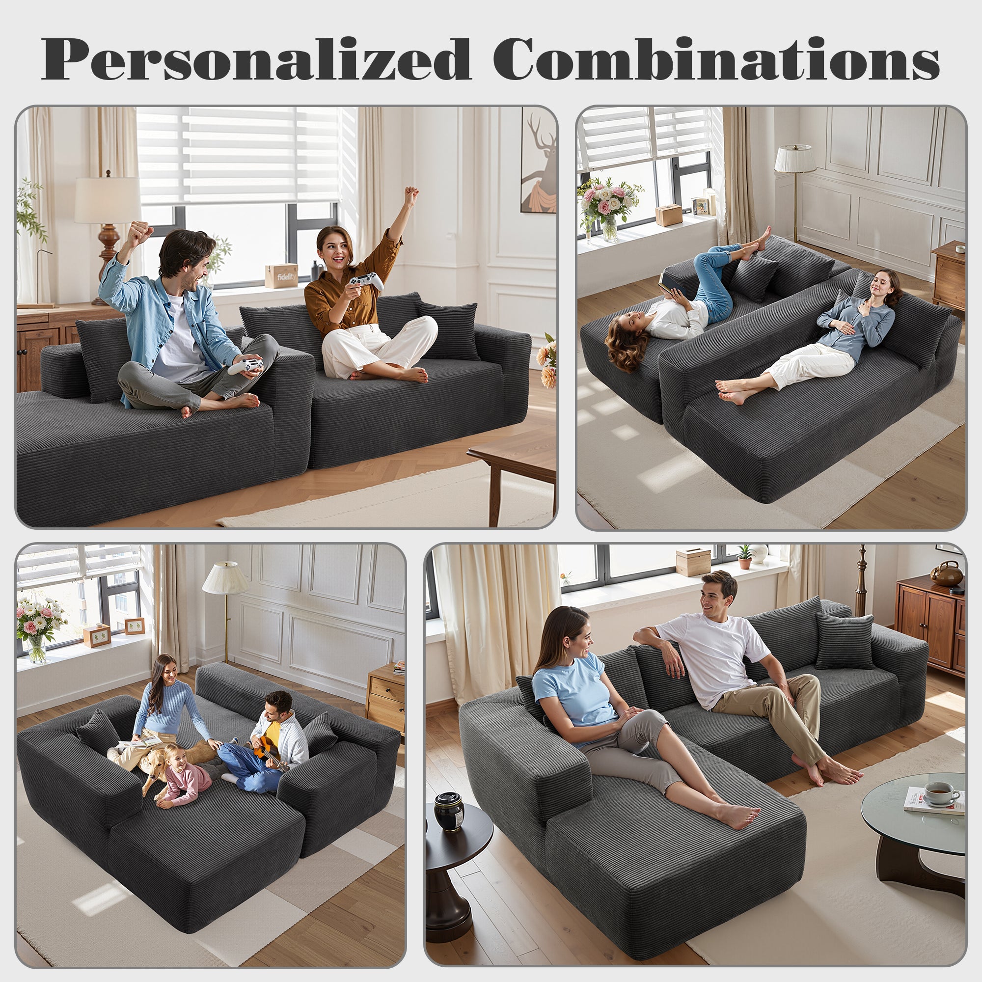 No Assembly Required  104" L-Shape Modular Couch with Chaise, Plush Corduroy Fabric, 