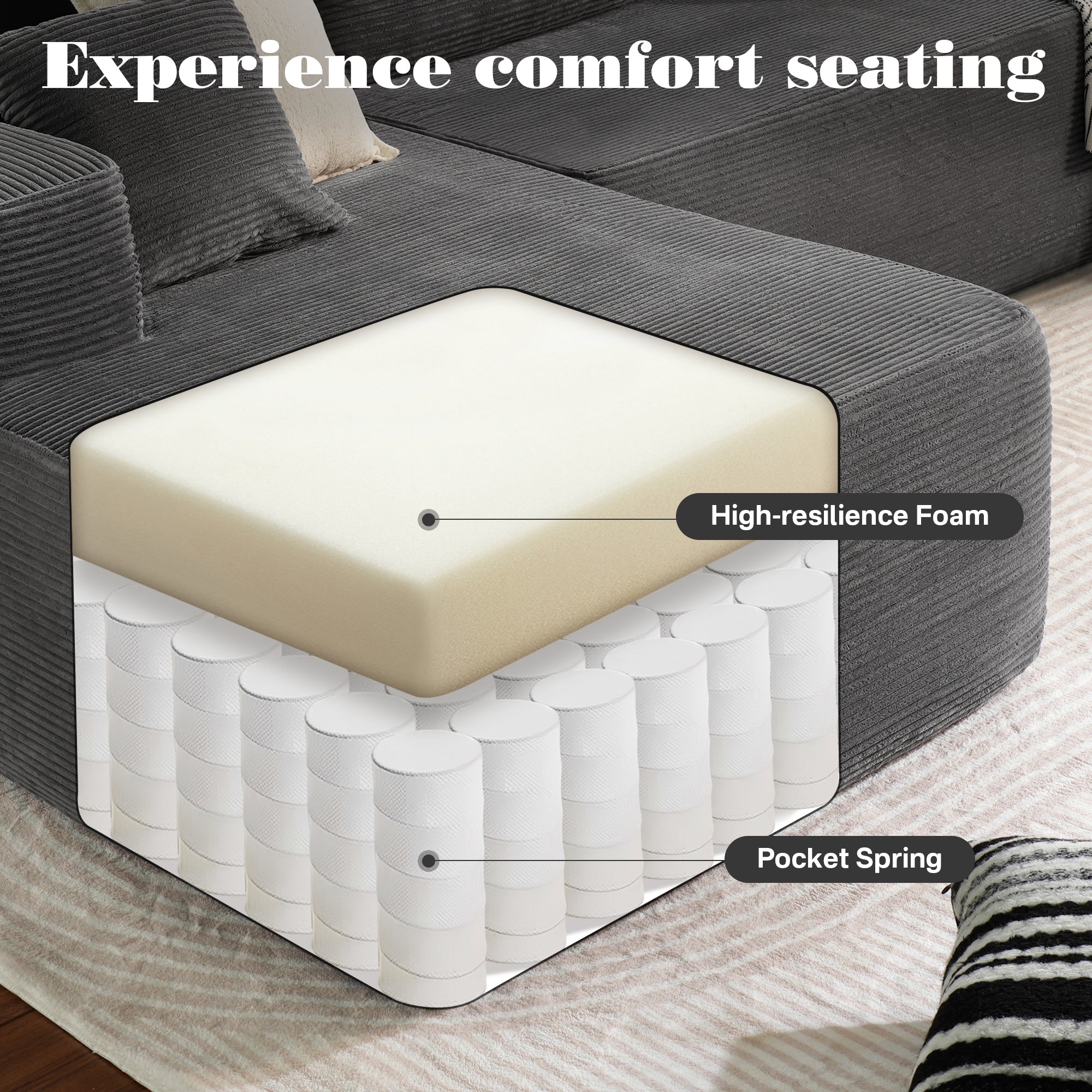 No Assembly Required  104" L-Shape Modular Couch with Chaise, Plush Corduroy Fabric, 