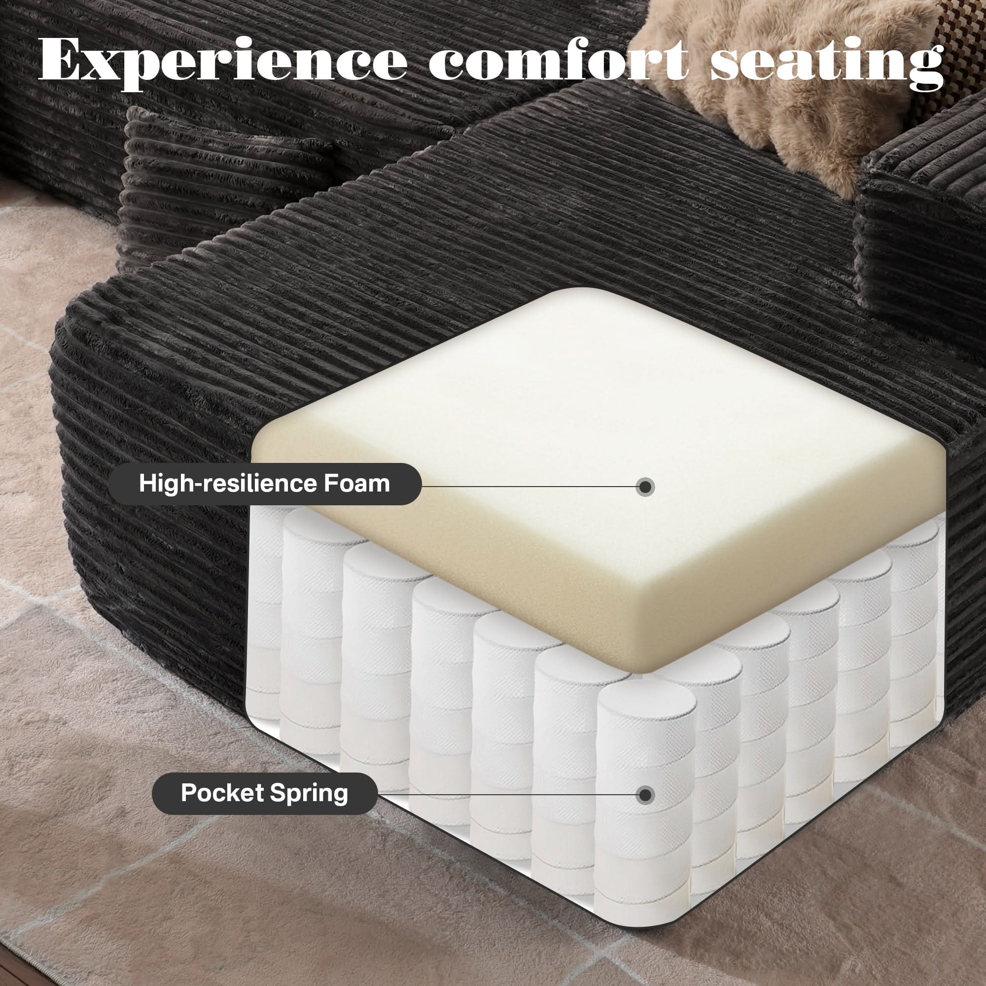 No Assembly Required  104" L-Shape Modular Couch with Chaise, Plush Corduroy Fabric, 