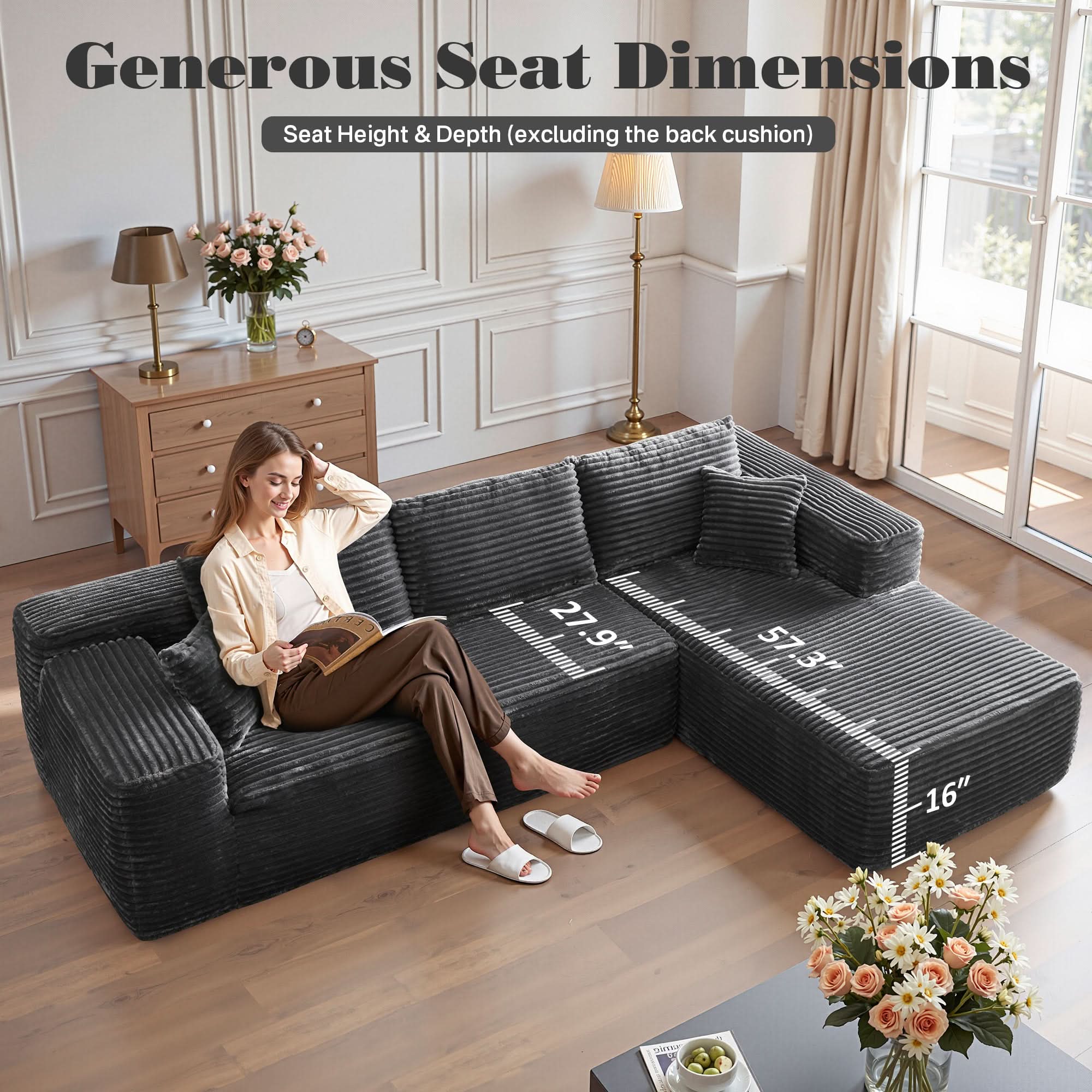 No Assembly Required  104" L-Shape Modular Couch with Chaise, Plush Corduroy Fabric, 