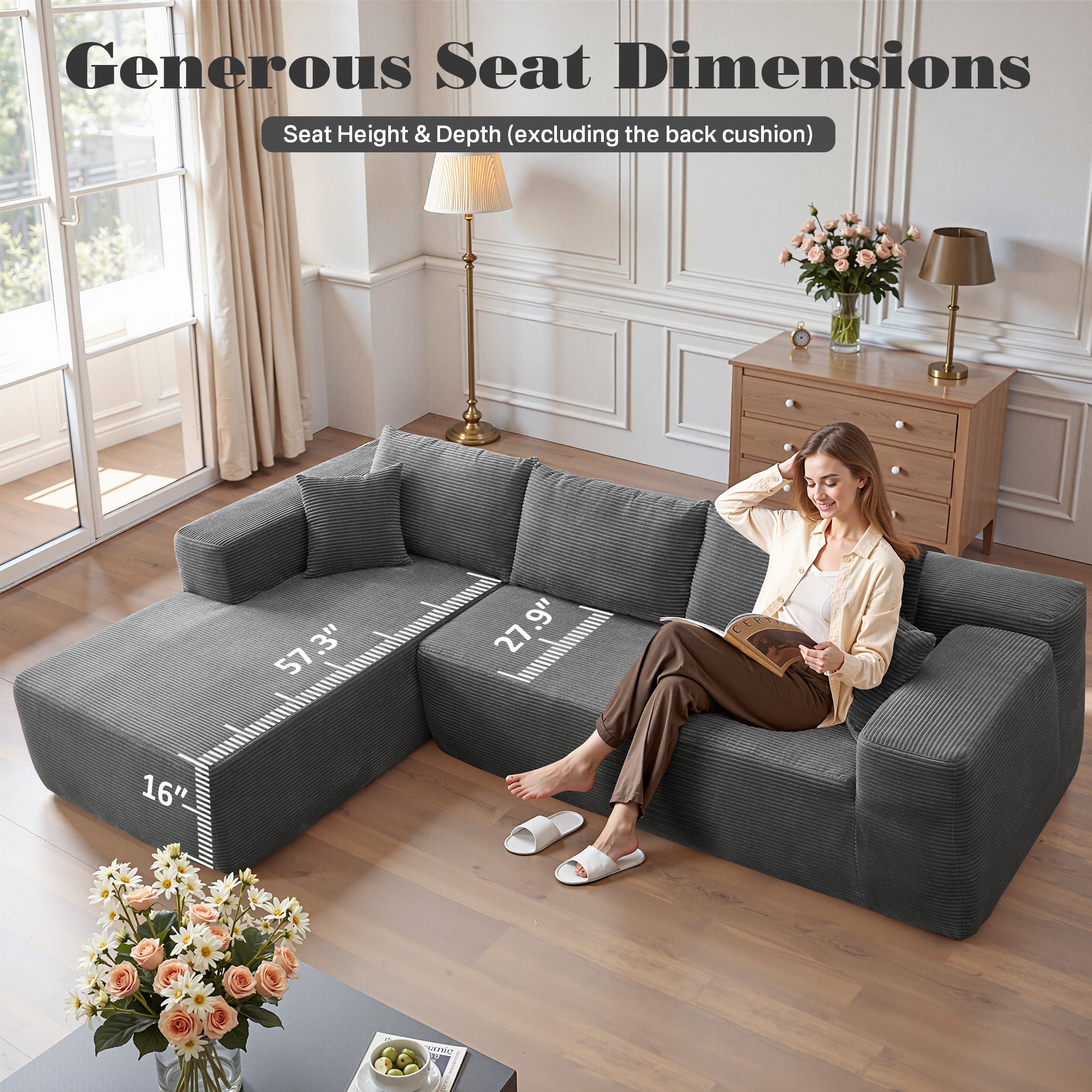 No Assembly Required  104" L-Shape Modular Couch with Chaise, Plush Corduroy Fabric, 