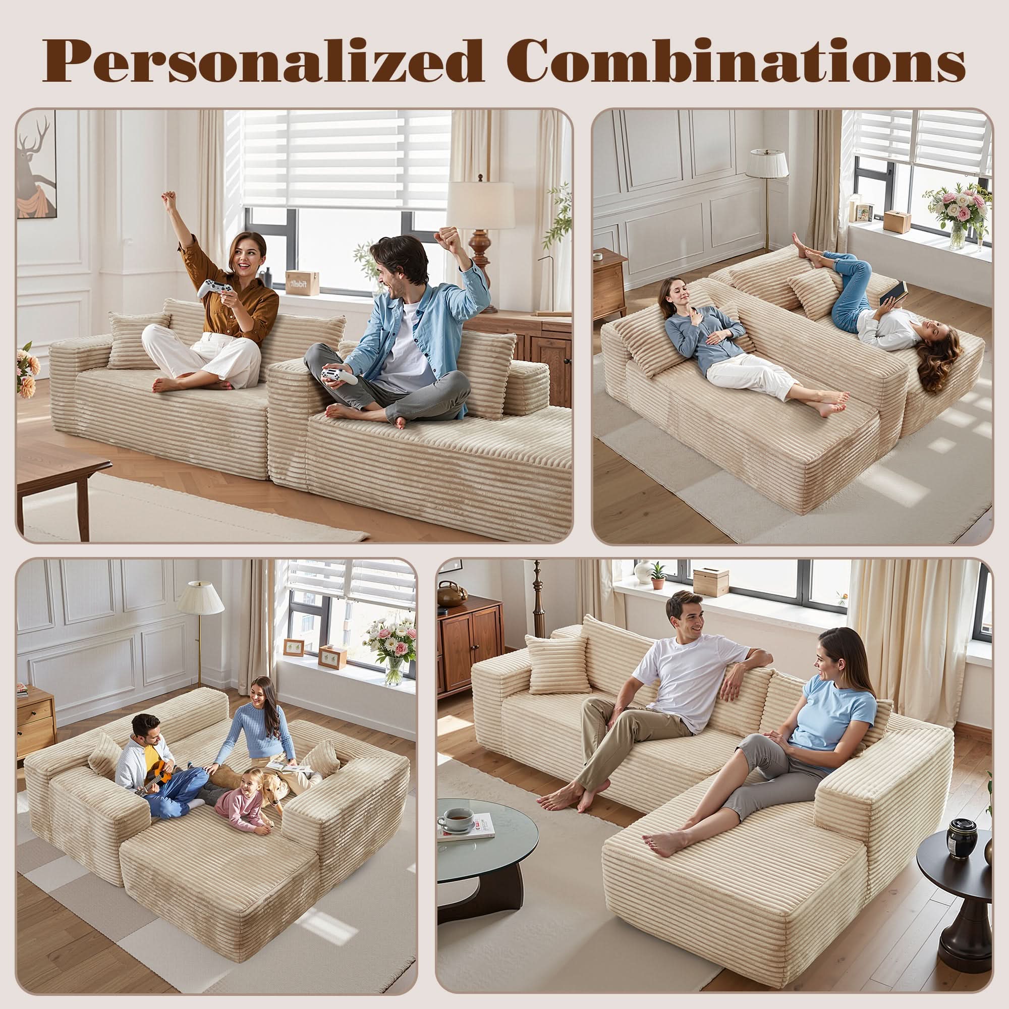 No Assembly Required  104" L-Shape Modular Couch with Chaise, Plush Corduroy Fabric, 