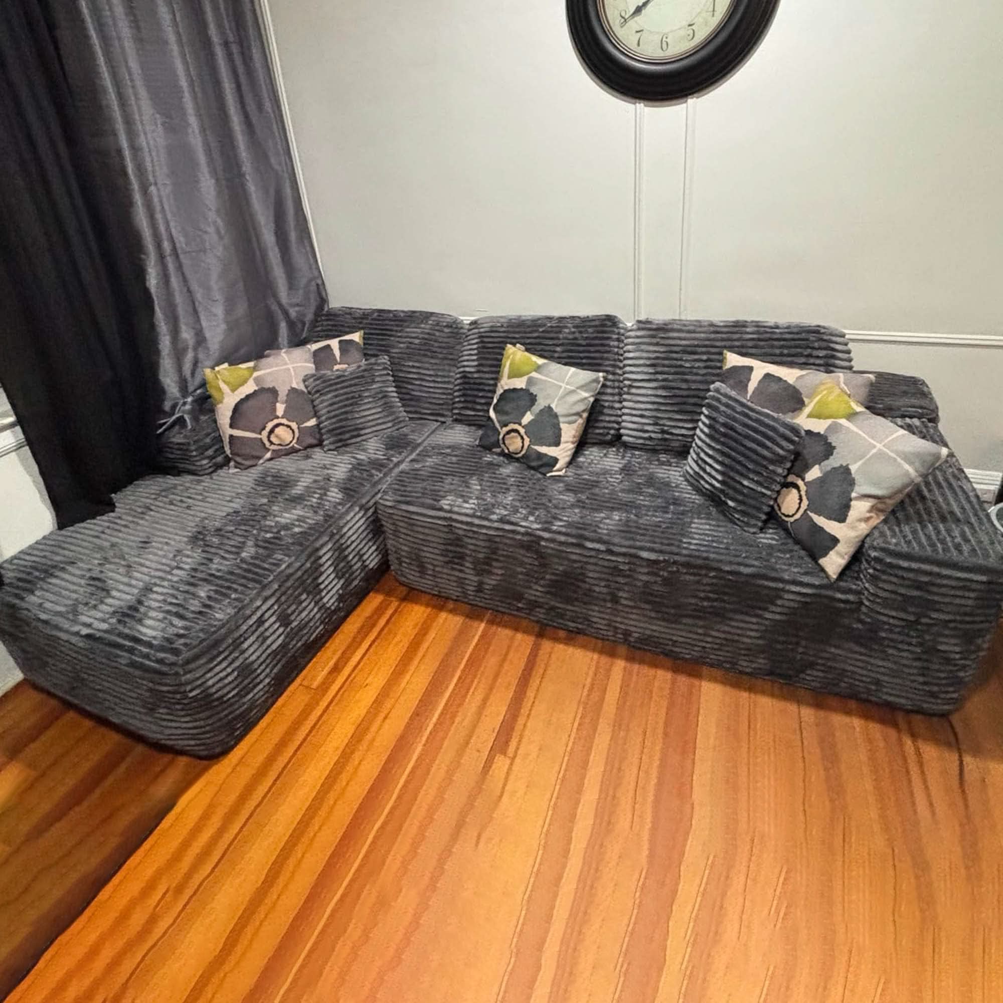 No Assembly Required  104" L-Shape Modular Couch with Chaise, Plush Corduroy Fabric, 