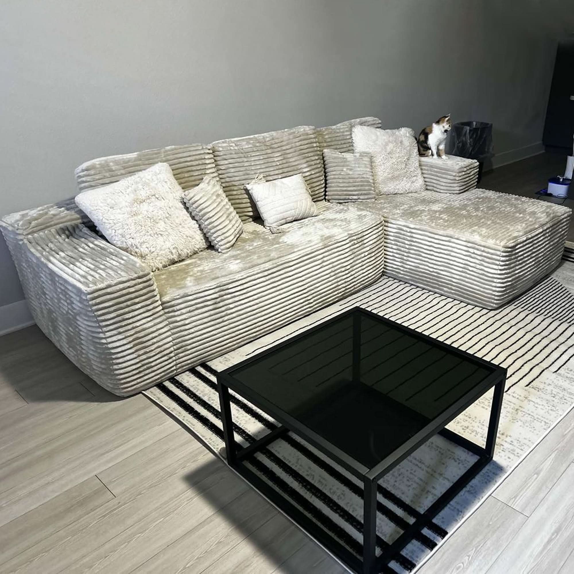 No Assembly Required  104" L-Shape Modular Couch with Chaise, Plush Corduroy Fabric, 