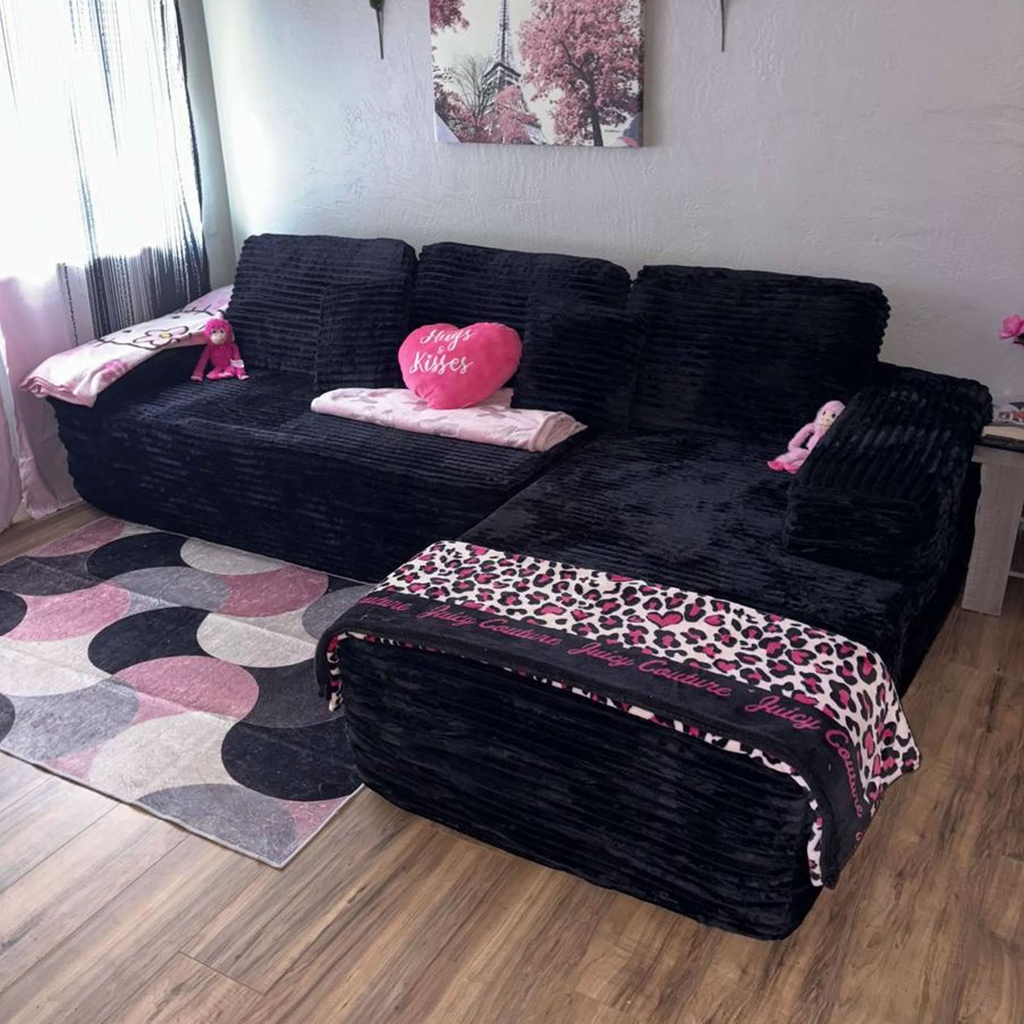No Assembly Required  104" L-Shape Modular Couch with Chaise, Plush Corduroy Fabric, 