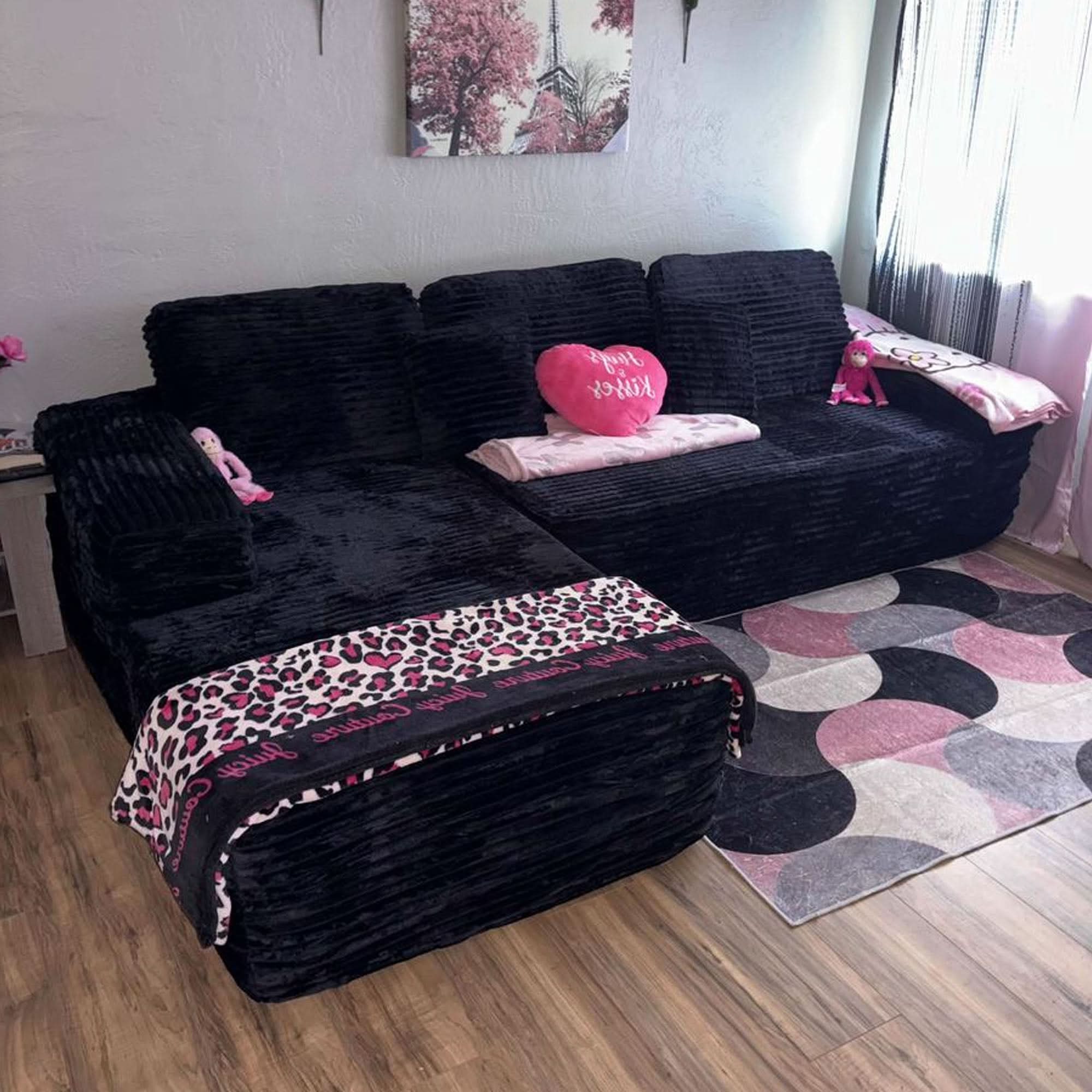 No Assembly Required  104" L-Shape Modular Couch with Chaise, Plush Corduroy Fabric, 