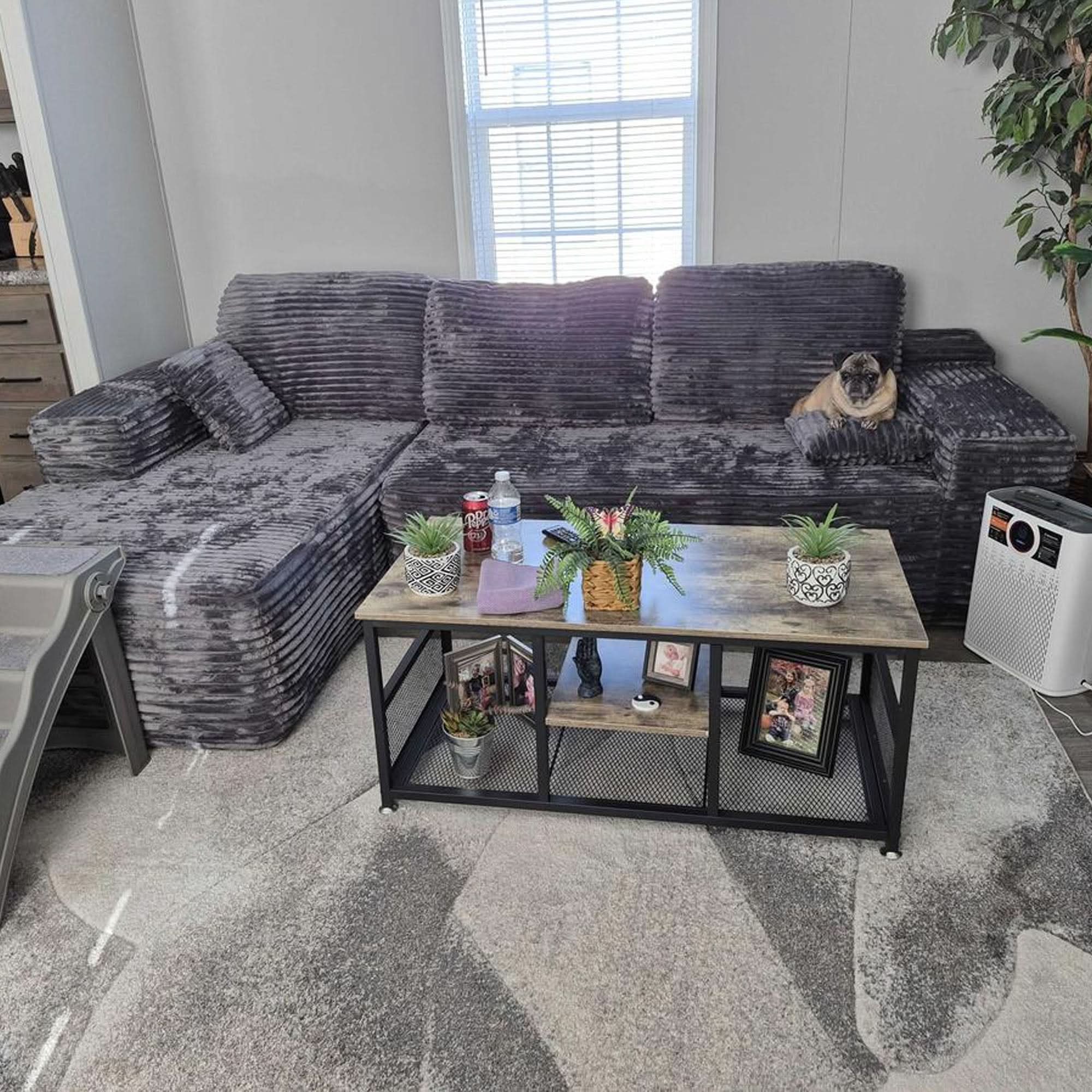 No Assembly Required  104" L-Shape Modular Couch with Chaise, Plush Corduroy Fabric, 