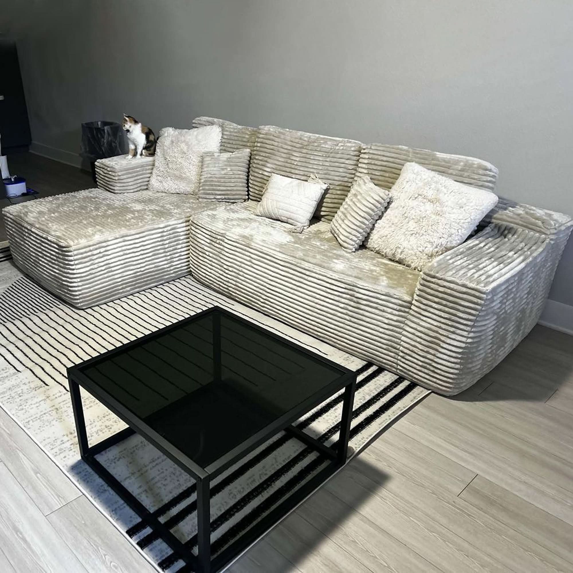 No Assembly Required  104" L-Shape Modular Couch with Chaise, Plush Corduroy Fabric, 