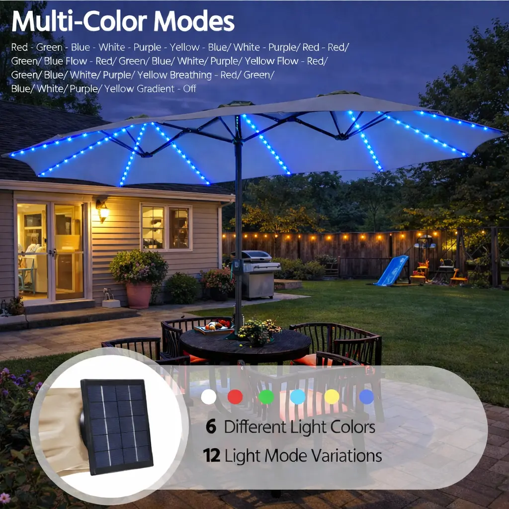 [Multicolor LED Lights] 2026 New 13/15ft Massive Patio Umbrella UV & Weather Resistant with Multi-Mode LED Lights Strips and Base Stand Triple-Vented Outdoor Umbrella