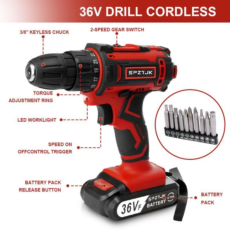3-in-1 Impact Drill Full Tool Box | 36VF Battery Powered Drill Driver Kit for Home, Garage & Daily Repairs
