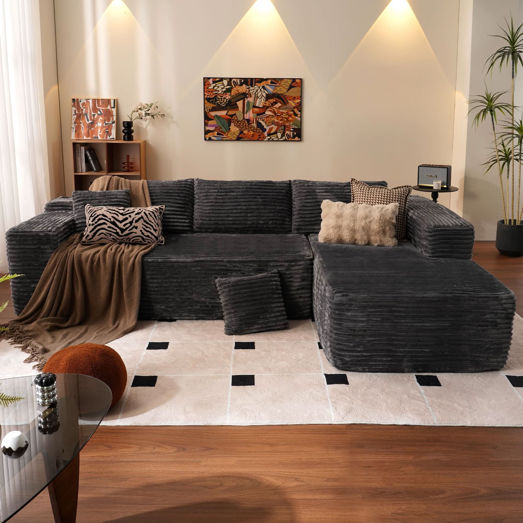 No Assembly Required  104" L-Shape Modular Couch with Chaise, Plush Corduroy Fabric, 