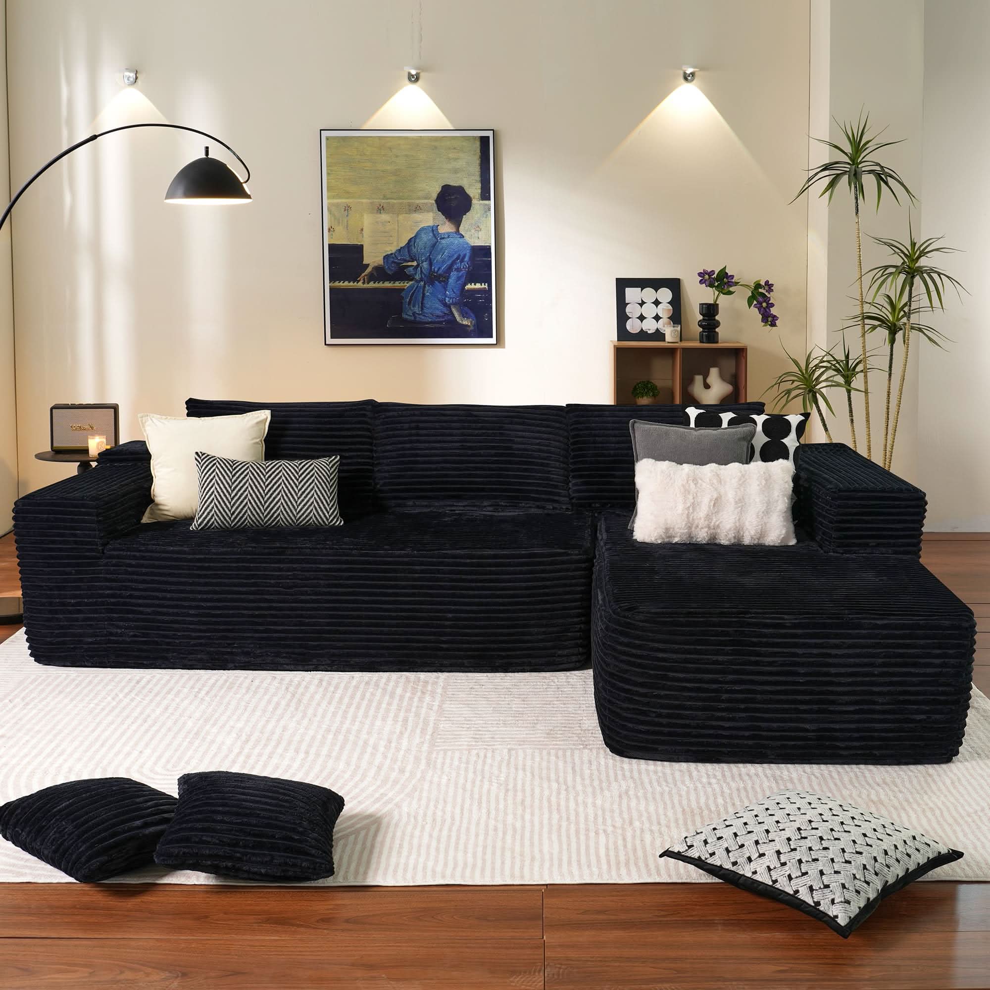 No Assembly Required  104" L-Shape Modular Couch with Chaise, Plush Corduroy Fabric, 